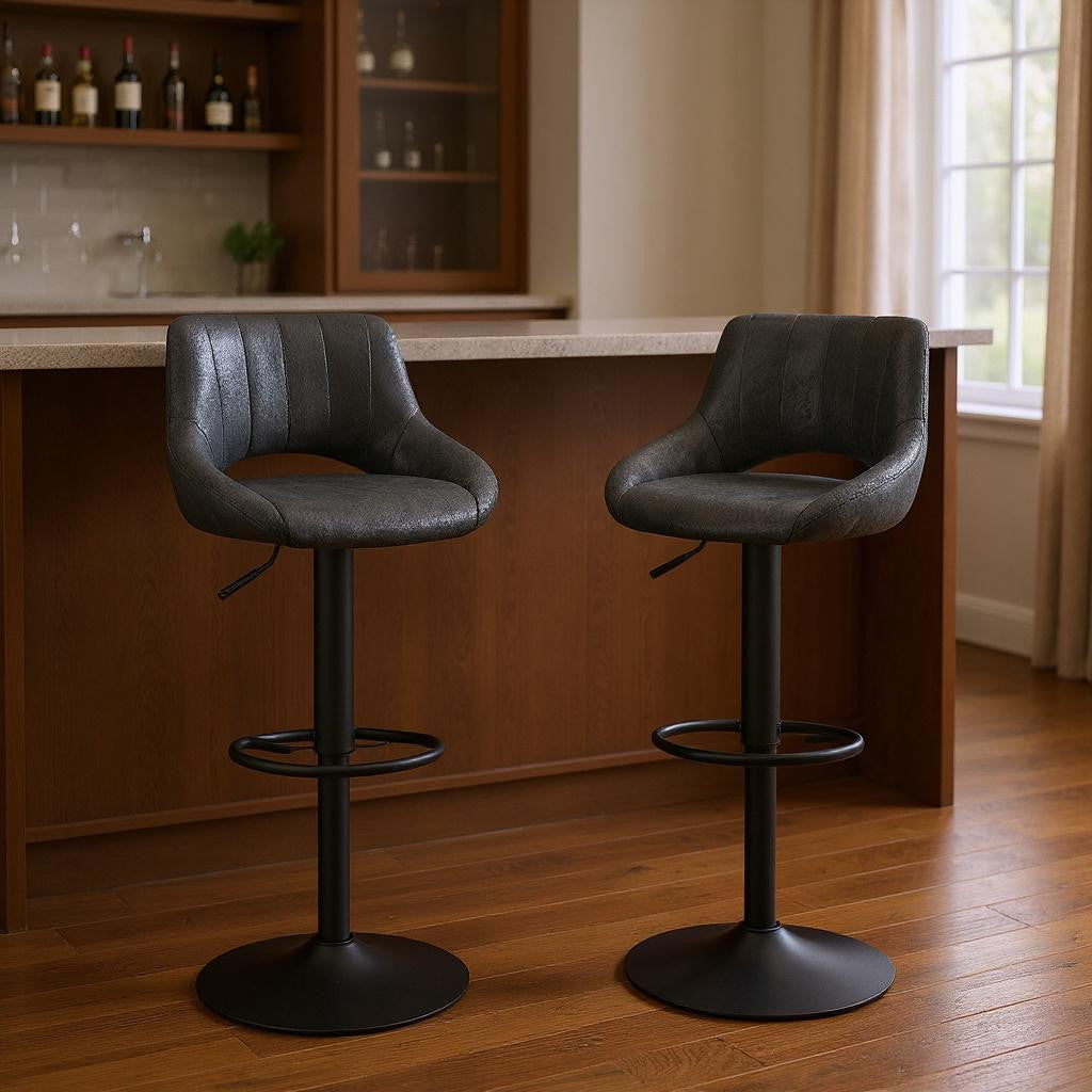 Set of Two 32" Black Faux Leather And Steel Swivel Low Back Adjustable Height Bar Chairs-0