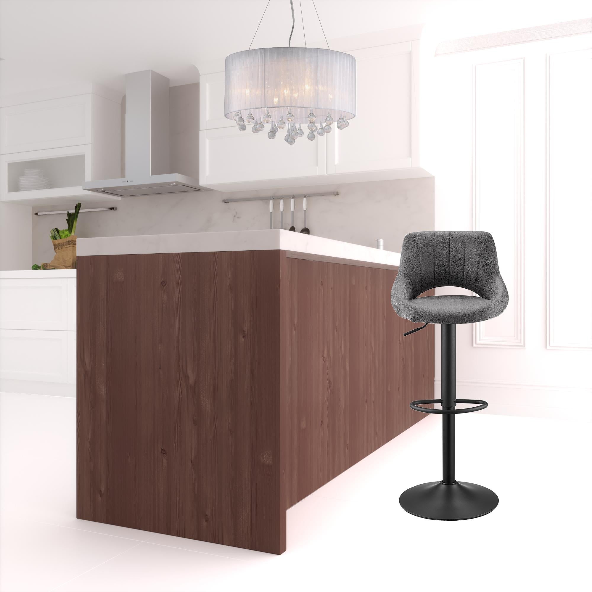 Set of Two 32" Gray And Black Faux Leather And Steel Swivel Low Back Adjustable Height Bar Chairs-1