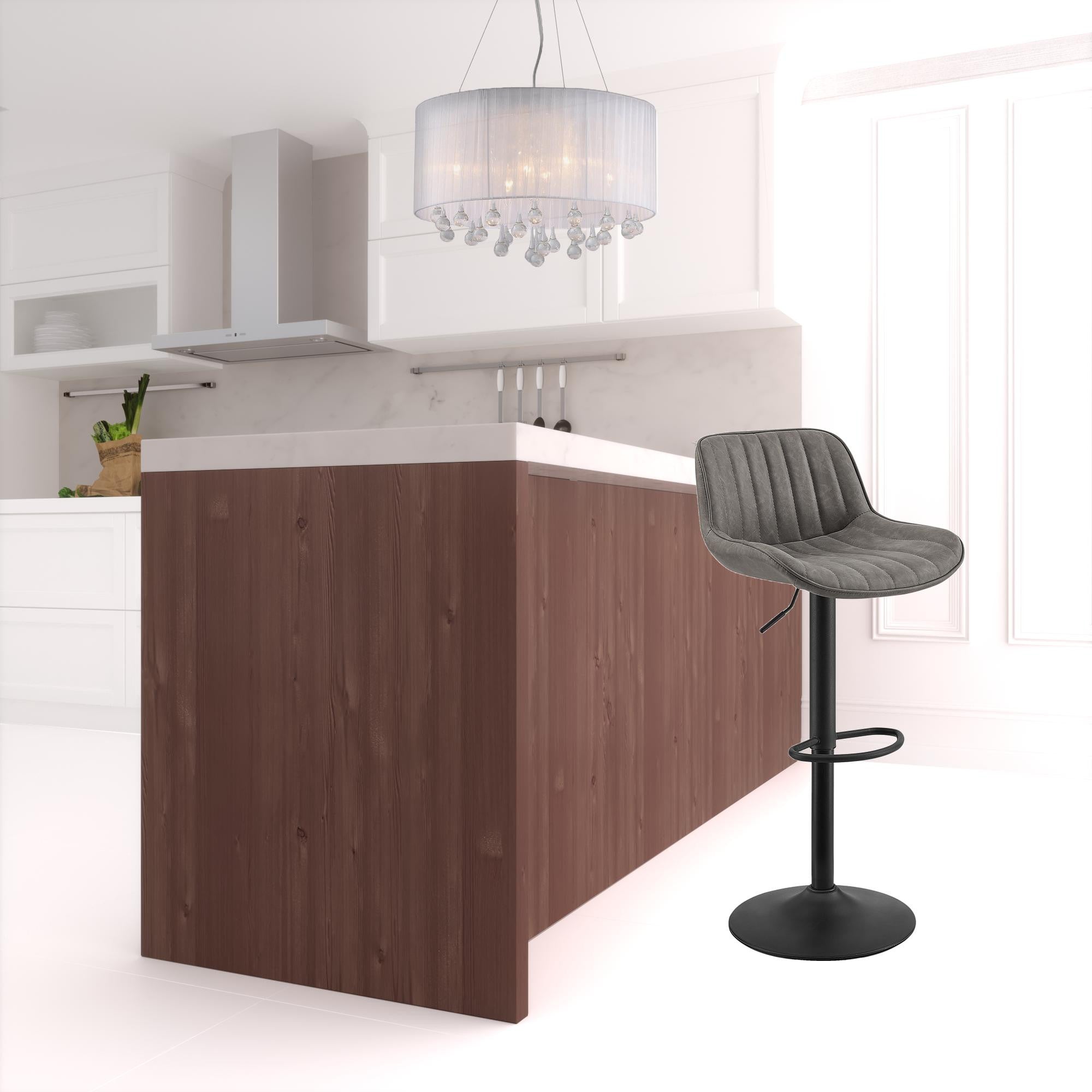 Set of Two 31" Gray And Black Faux Leather And Steel Swivel Low Back Adjustable Height Bar Chairs-1