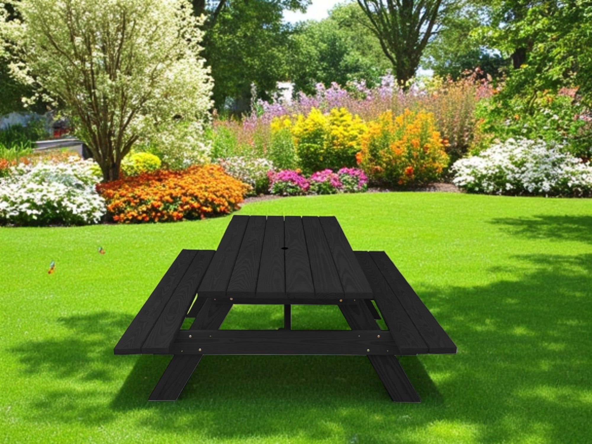 Black Solid Wood Dining Set with Two Benches With Umbrella Hole-0