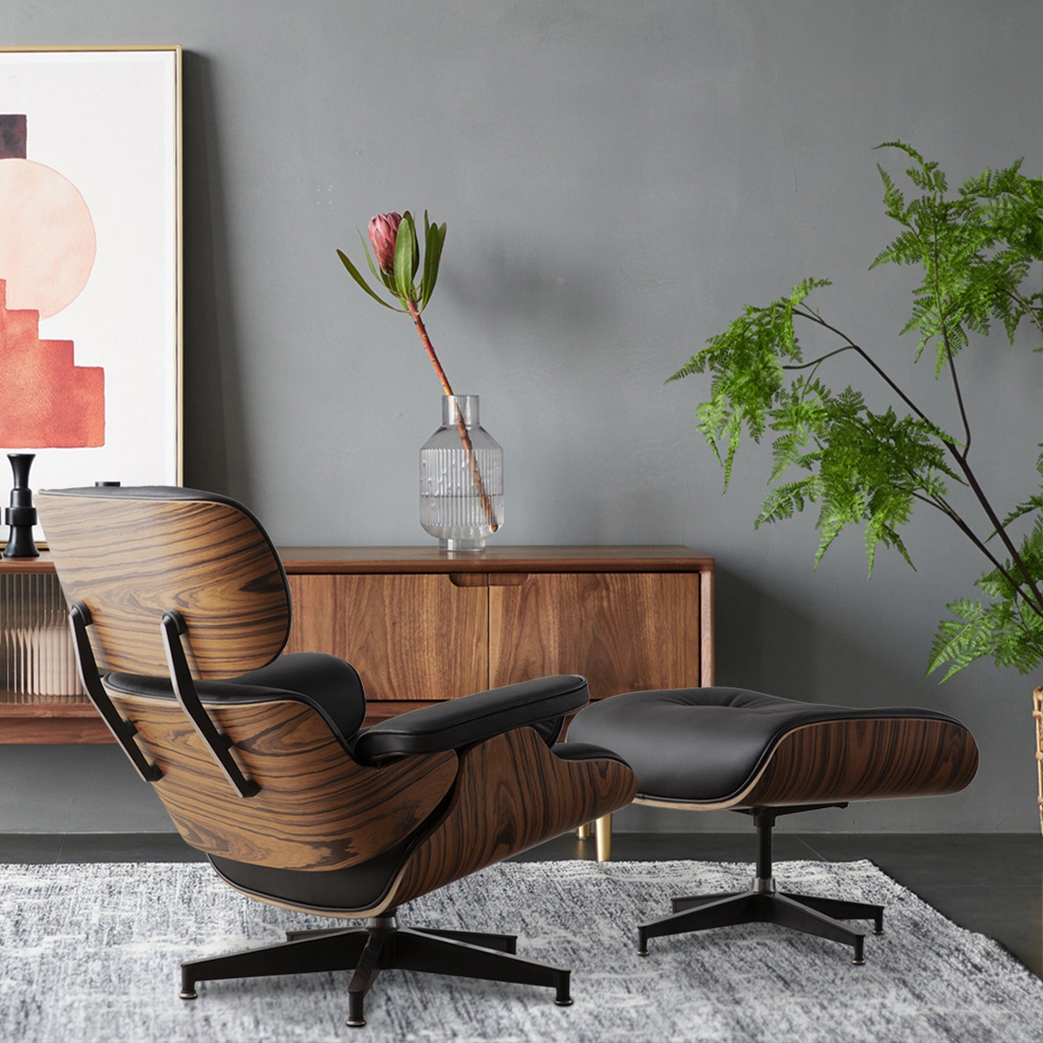 35" Black and Brown Genuine Leather Tufted Swivel Lounge Chair With Ottoman-5