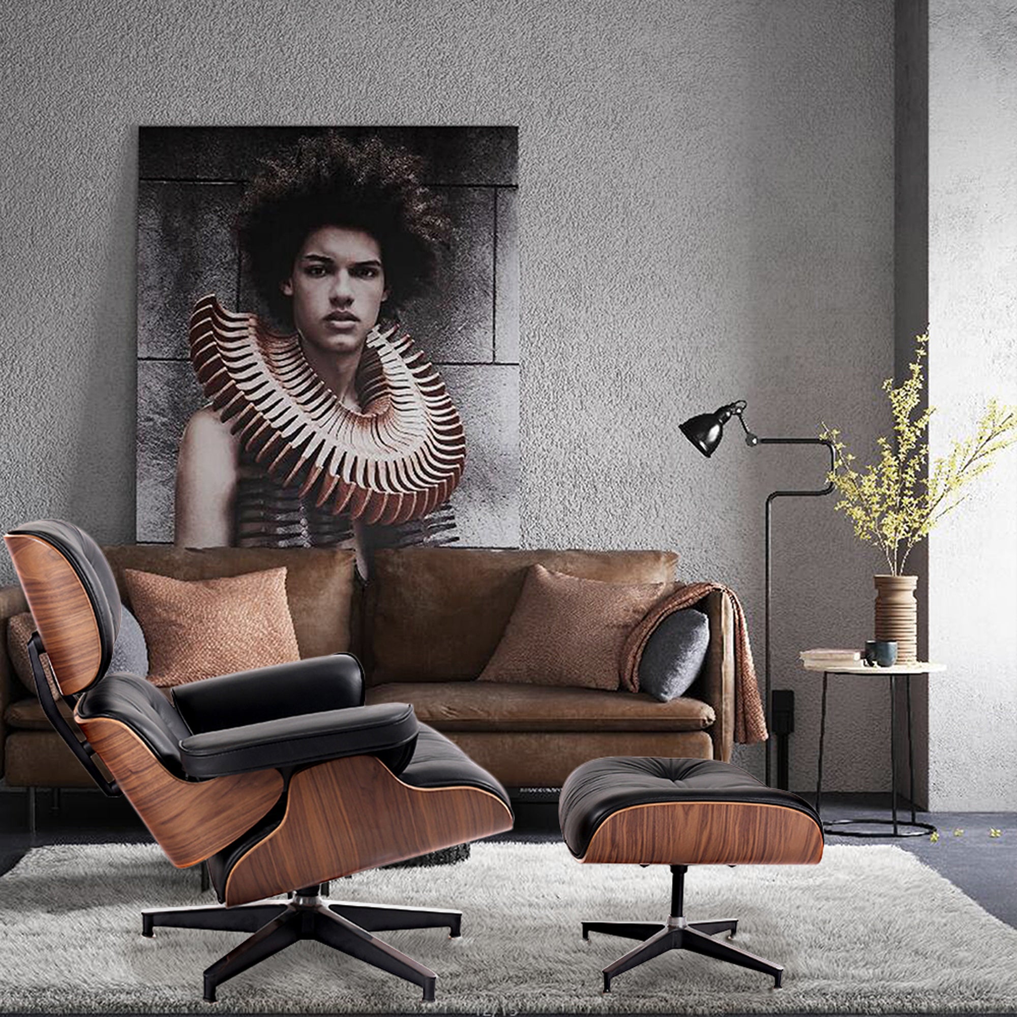 35" Black and Brown Genuine Leather Tufted Swivel Lounge Chair With Ottoman-2