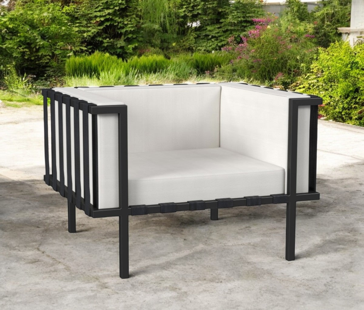 33" Black Metal Outdoor Arm Chair with Off White Cushion-0