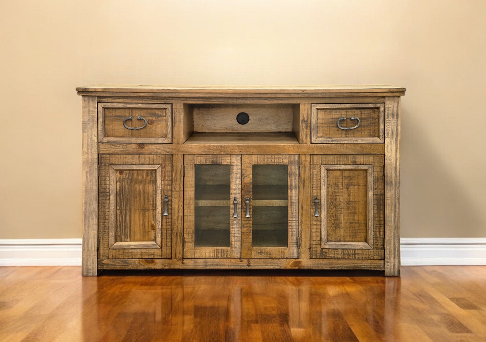 60" Brown Solid Wood Cabinet Enclosed Storage Distressed TV Stand-0