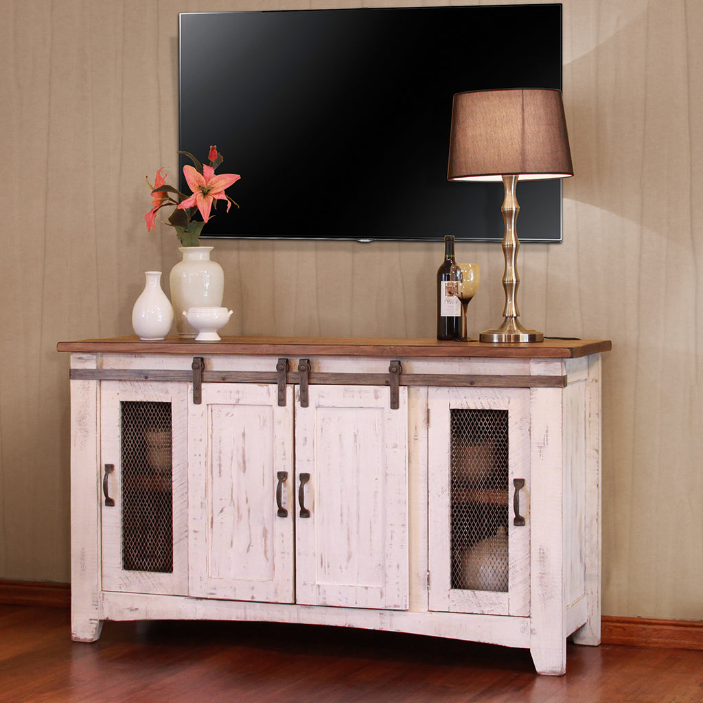 60" White Solid Wood Cabinet Enclosed Storage Distressed TV Stand-3