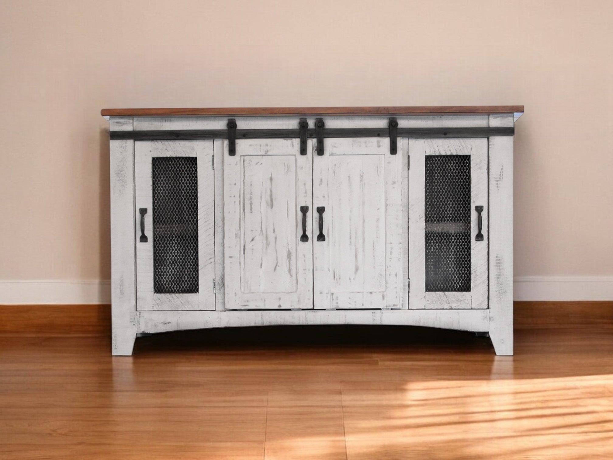 60" White Solid Wood Cabinet Enclosed Storage Distressed TV Stand-0