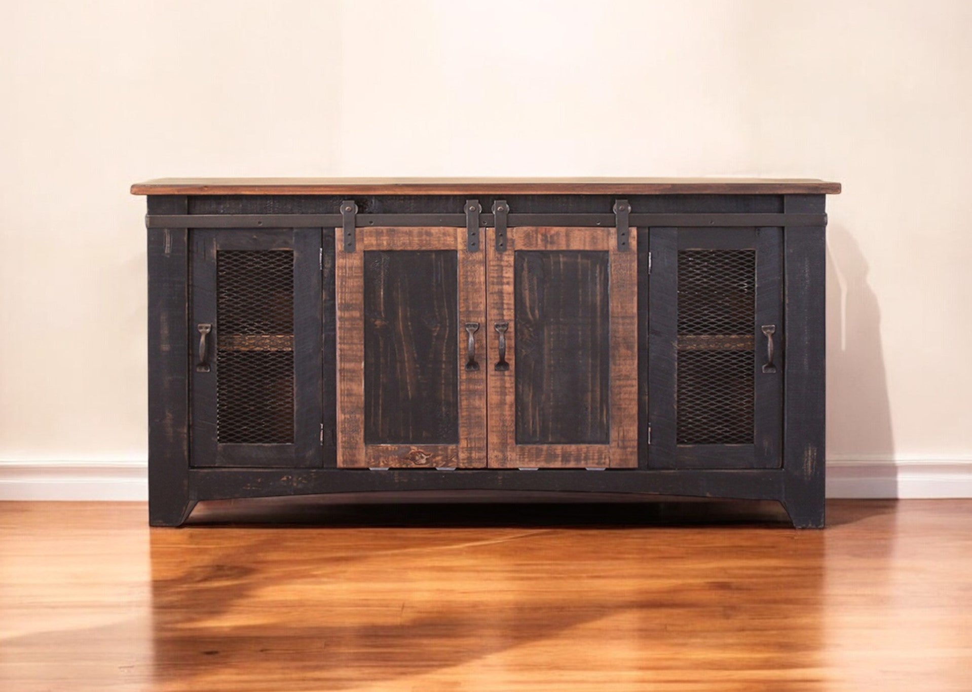 60" Black Solid Wood Cabinet Enclosed Storage Distressed TV Stand-0