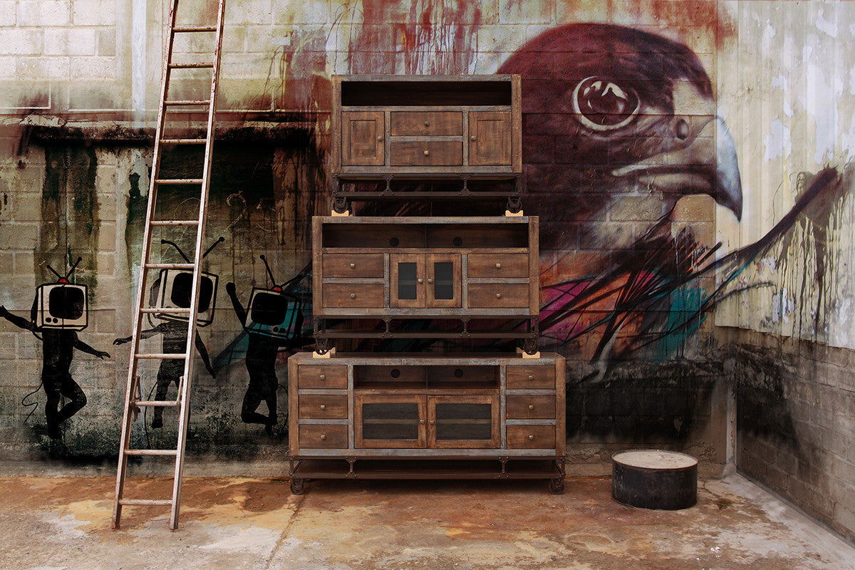 62" Brown Solid Wood Cabinet Enclosed Storage Distressed TV Stand-5