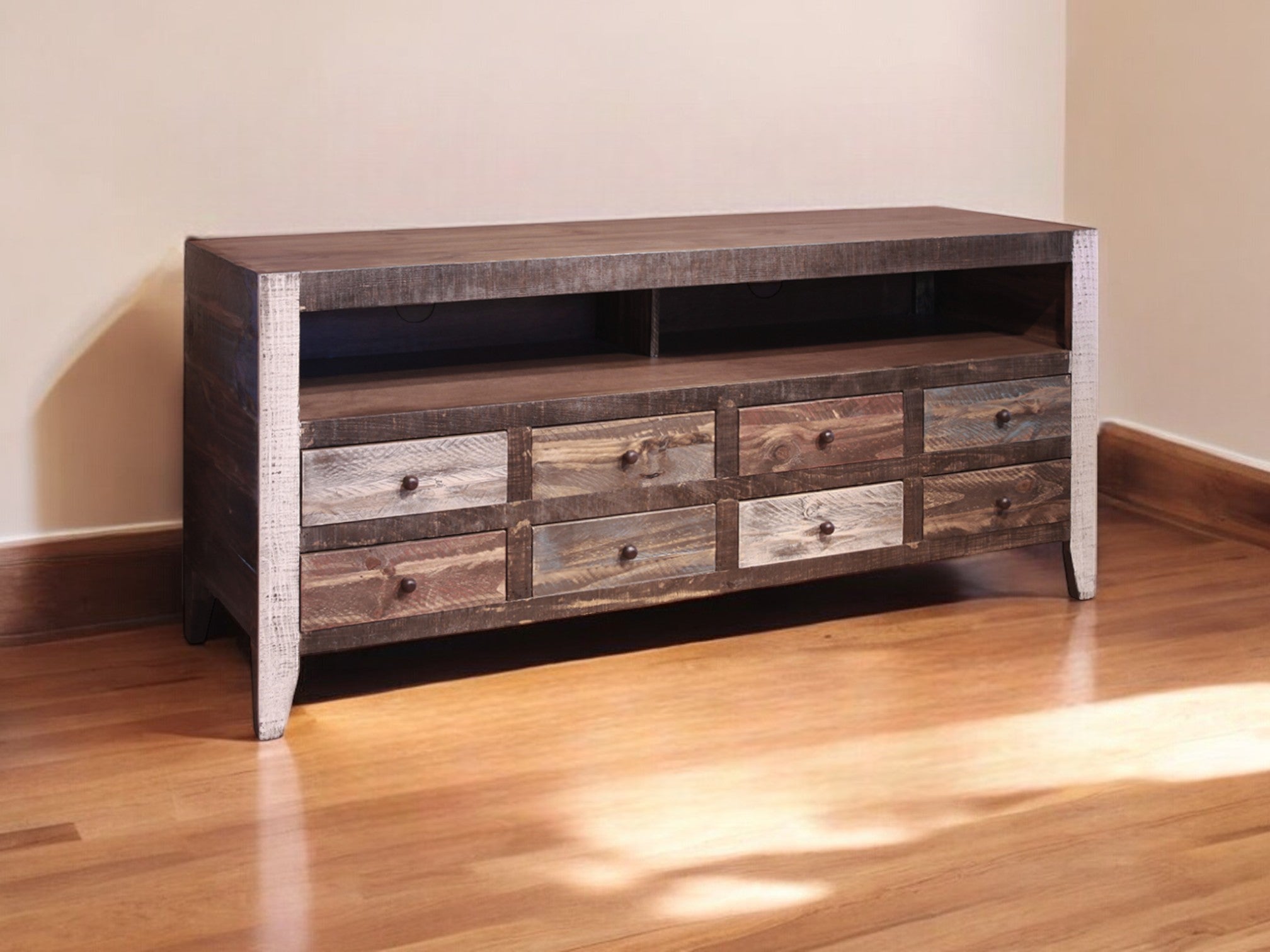 61" Brown Solid Wood Cabinet Enclosed Storage Distressed TV Stand-0