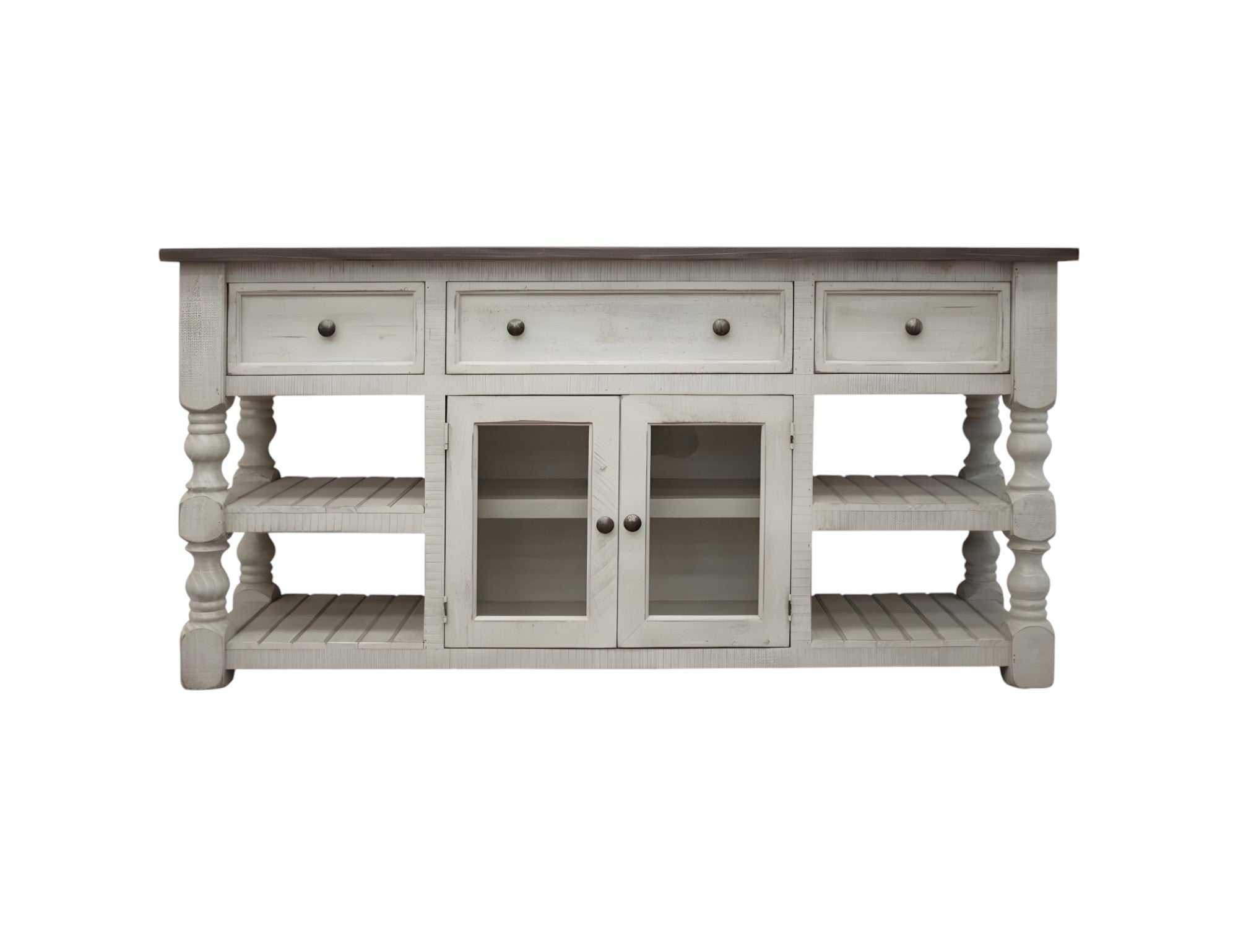 60" Ivory Solid Wood Open shelving Distressed TV Stand-1