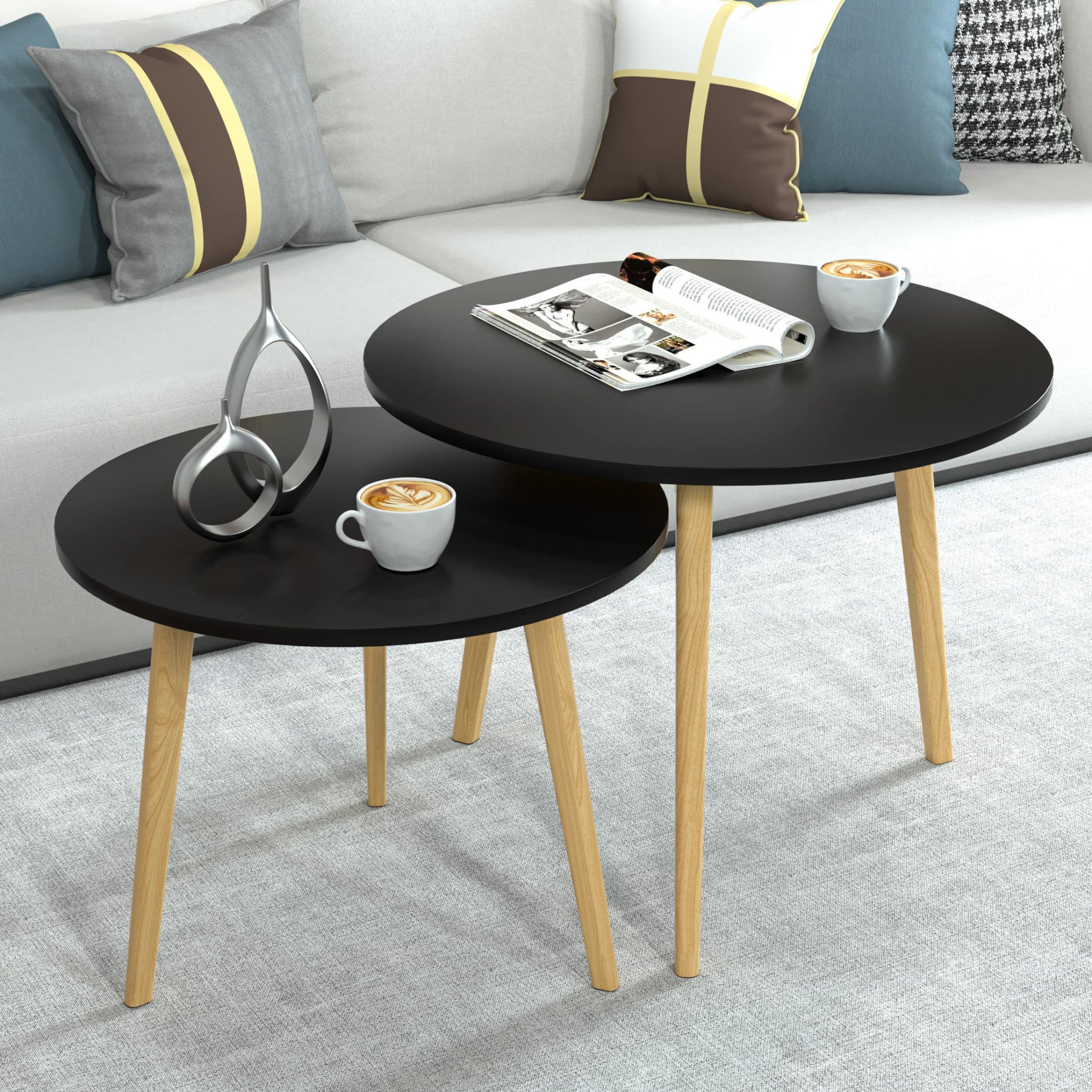 Set Of Two 20" Wood Brown And Black Round Nested Tables-3