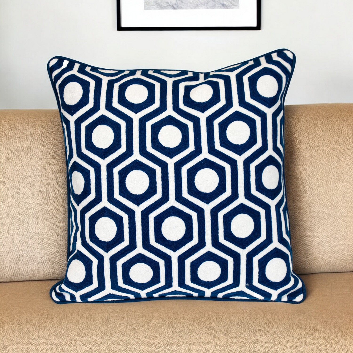 20" X 20" Blue Geometric Cotton Zippered Pillow-0
