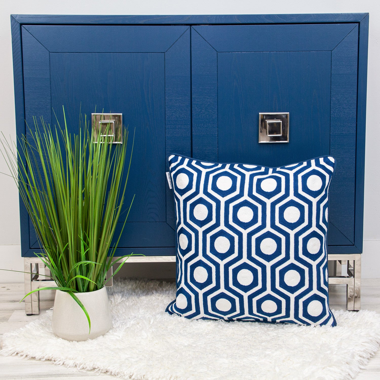 20" X 20" Blue Geometric Cotton Zippered Pillow-5