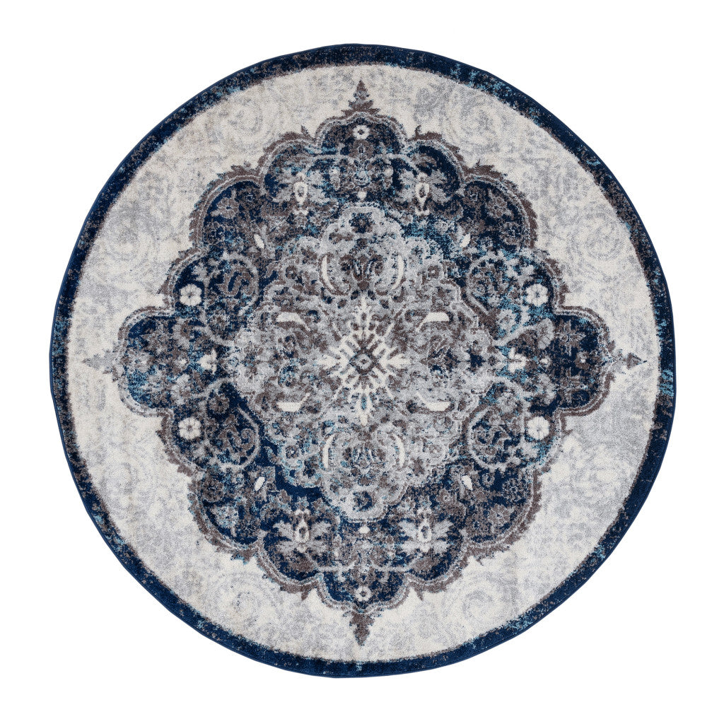 6' Ivory Gray And Blue Medallion Round Rug-1
