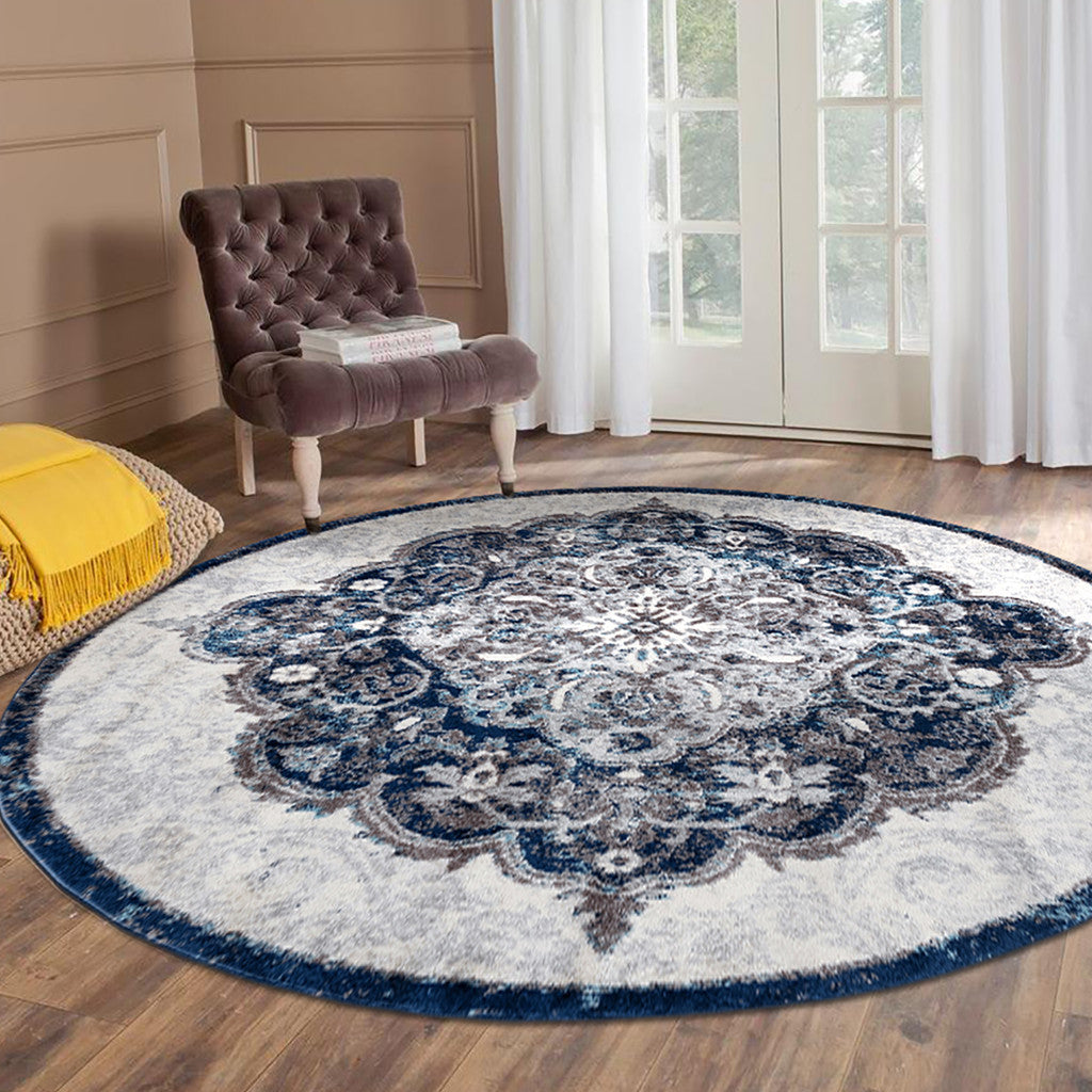 6' Ivory Gray And Blue Medallion Round Rug-3