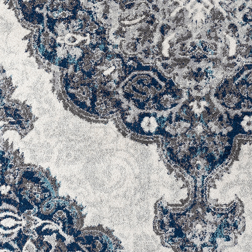 6' Ivory Gray And Blue Medallion Round Rug-4