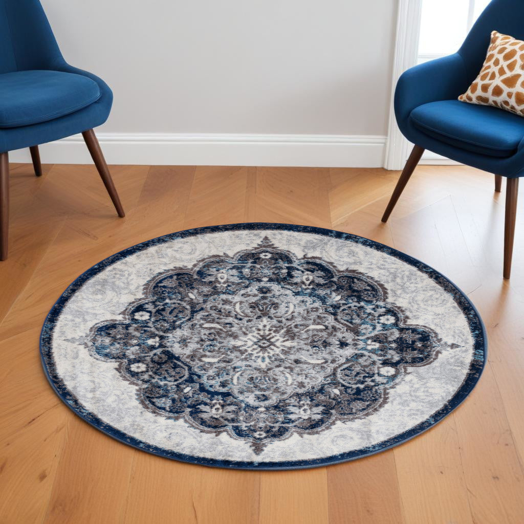 6' Ivory Gray And Blue Medallion Round Rug-0