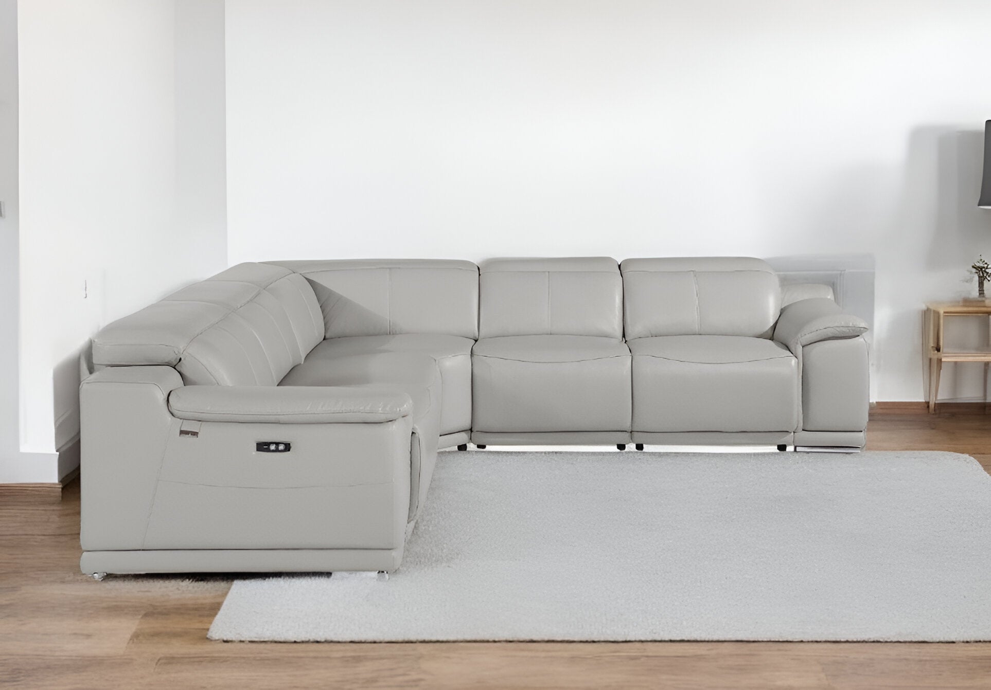 Light Gray Italian Leather Power Reclining U Shaped Five Piece Corner Sectional With Console-1