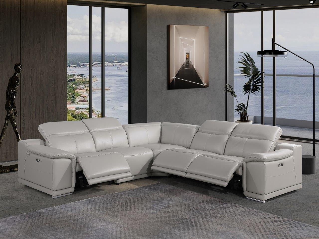 Light Gray Italian Leather Power Reclining U Shaped Five Piece Corner Sectional With Console-6