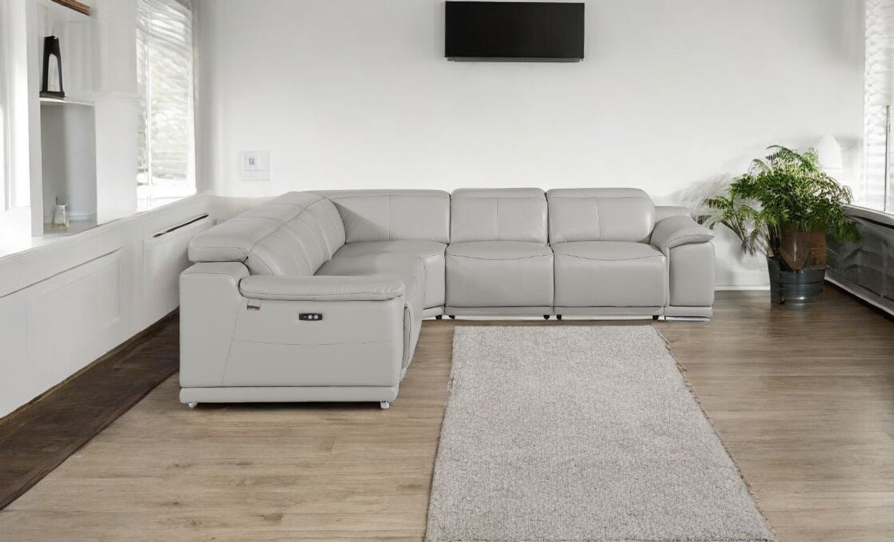 Light Gray Italian Leather Power Reclining U Shaped Five Piece Corner Sectional With Console-2