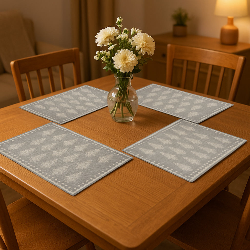 19" Set of Four Gray And Cream Geometric Medallion Cotton Placemats-0