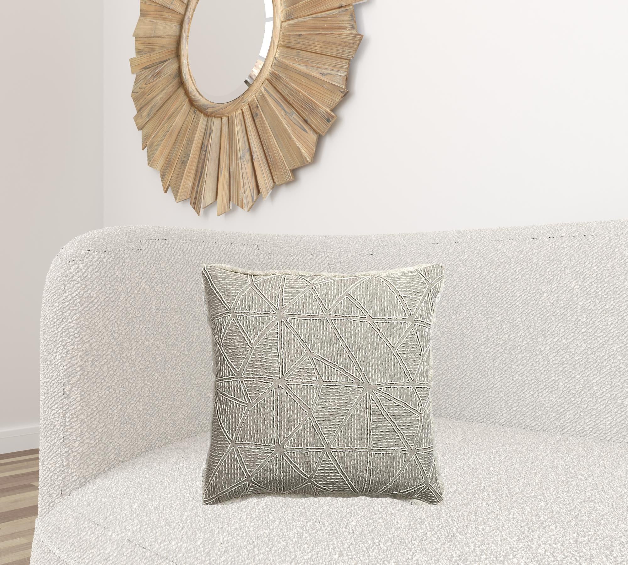 20" Beige and Ivory Throw Pillow with Embroidery and Fringe-3