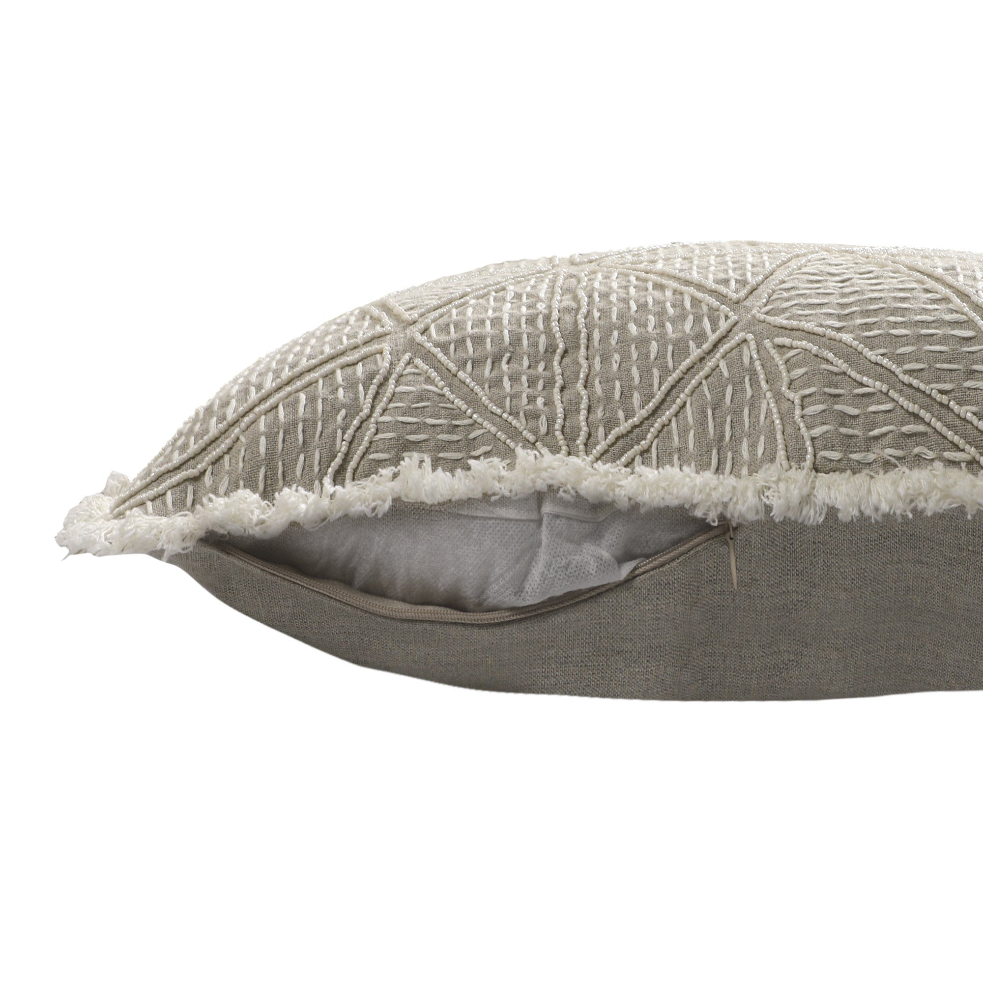 20" Beige and Ivory Throw Pillow with Embroidery and Fringe-1