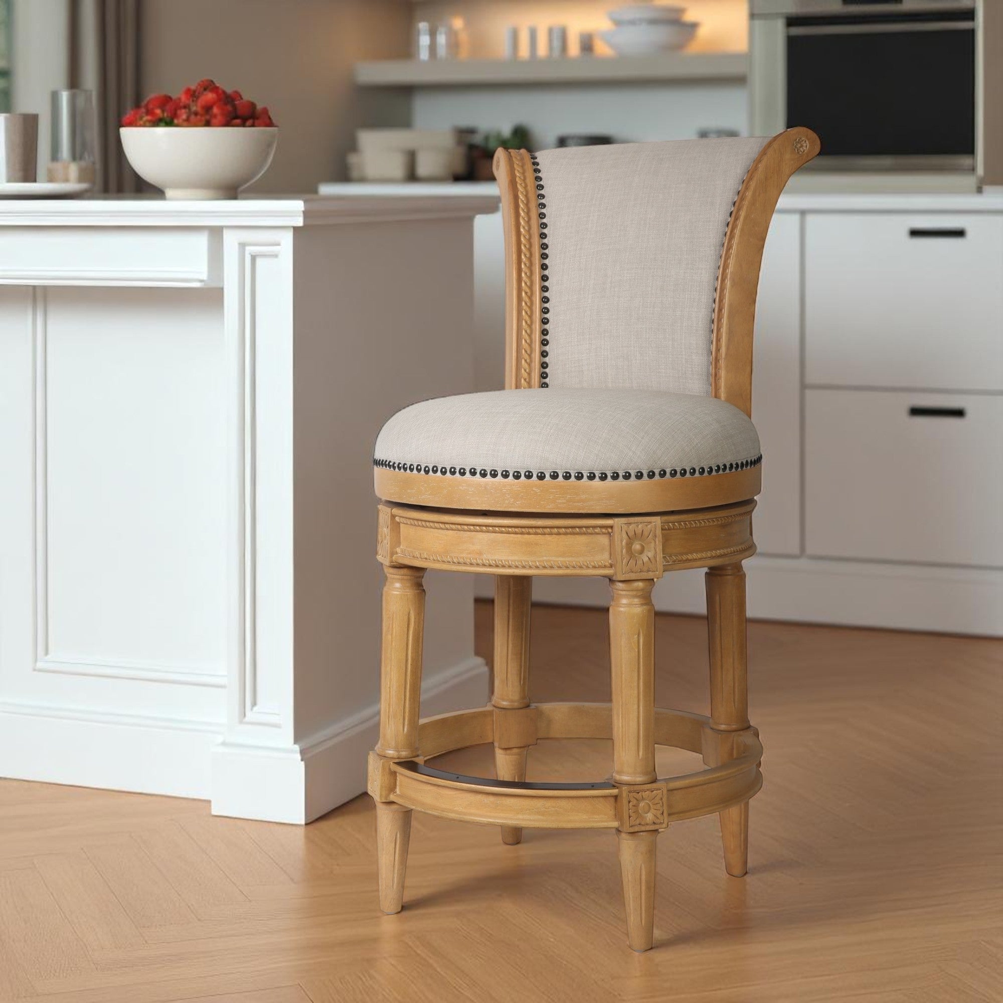 25" Beige and Natural Fabric and Solid Wood Counter Height Swivel Bar Chair-0