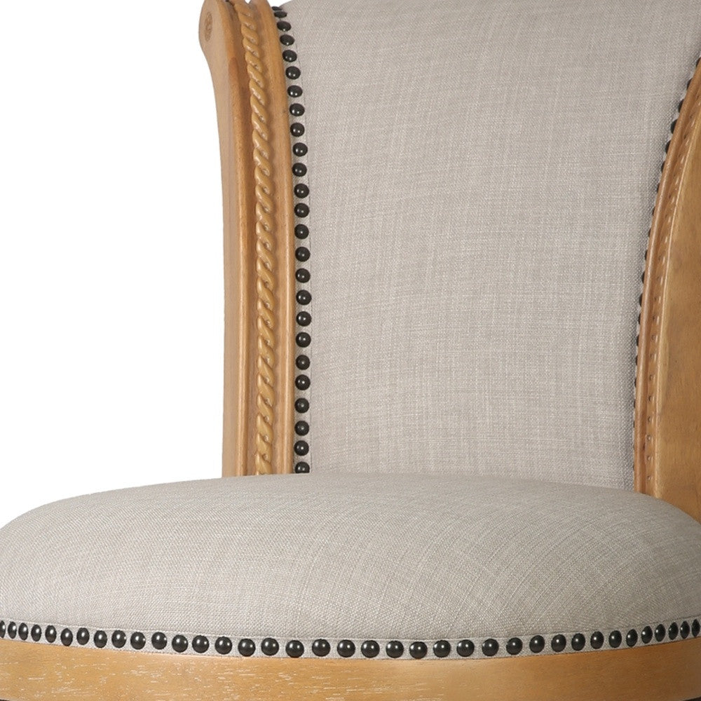 25" Beige and Natural Fabric and Solid Wood Counter Height Swivel Bar Chair-3