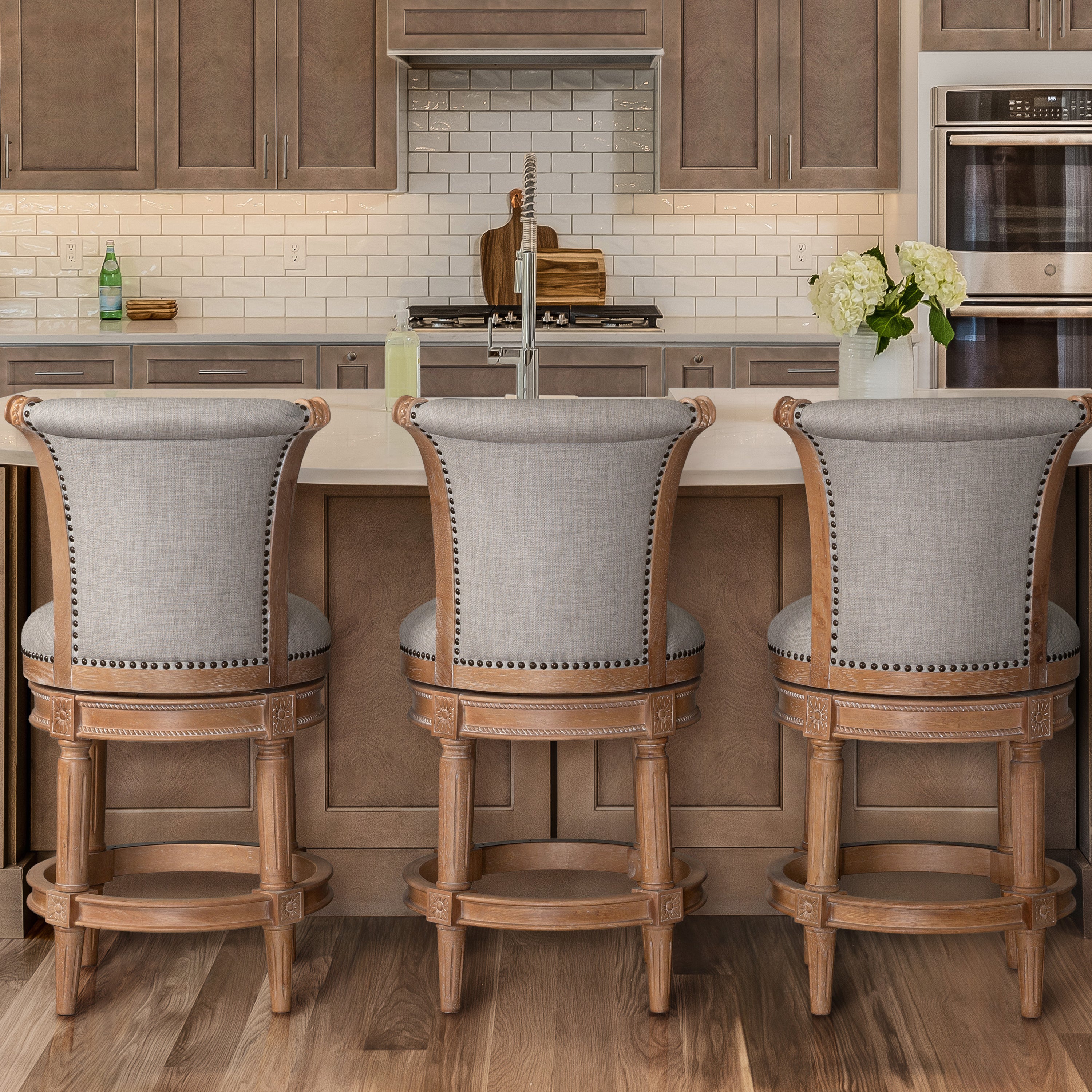 25" Beige and Natural Fabric and Solid Wood Counter Height Swivel Bar Chair-6