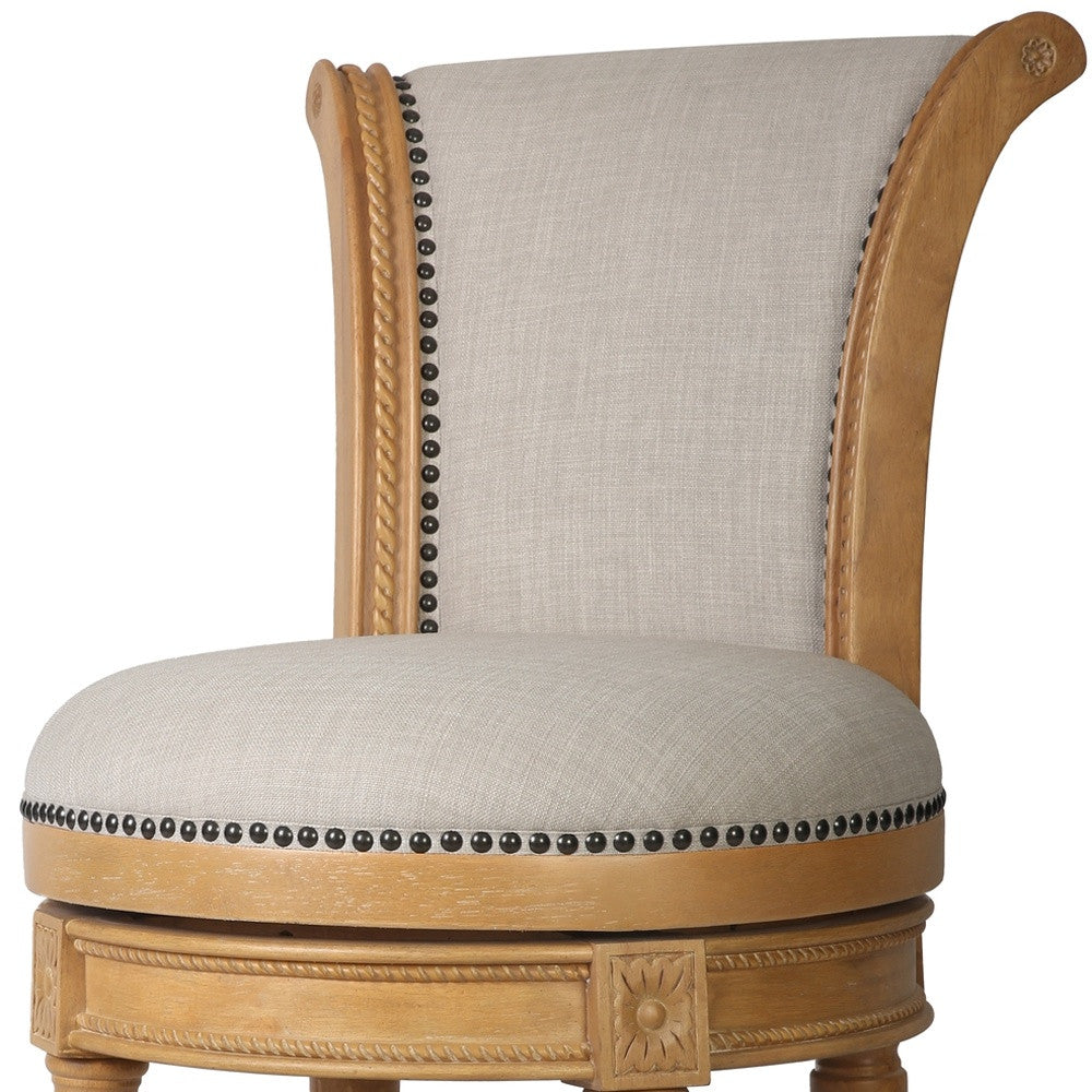 25" Beige and Natural Fabric and Solid Wood Counter Height Swivel Bar Chair-4