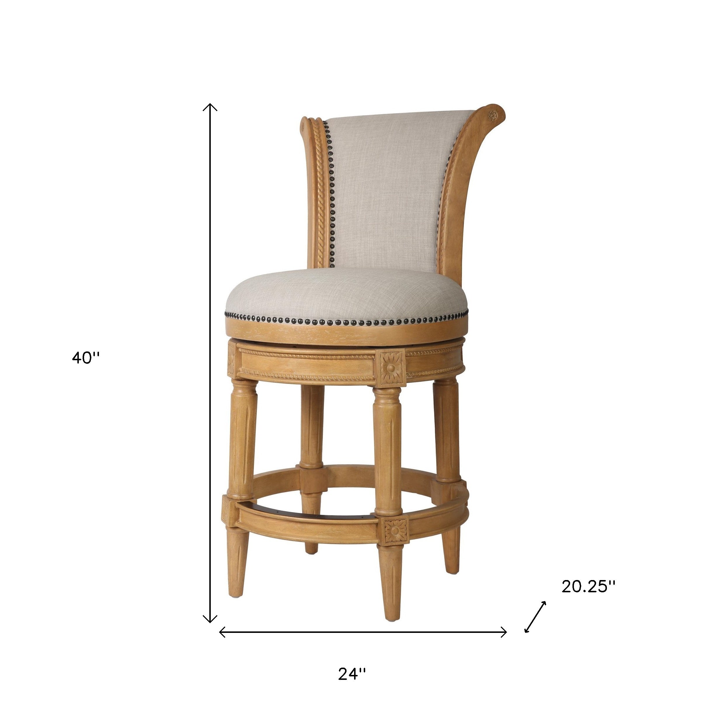 25" Beige and Natural Fabric and Solid Wood Counter Height Swivel Bar Chair-7