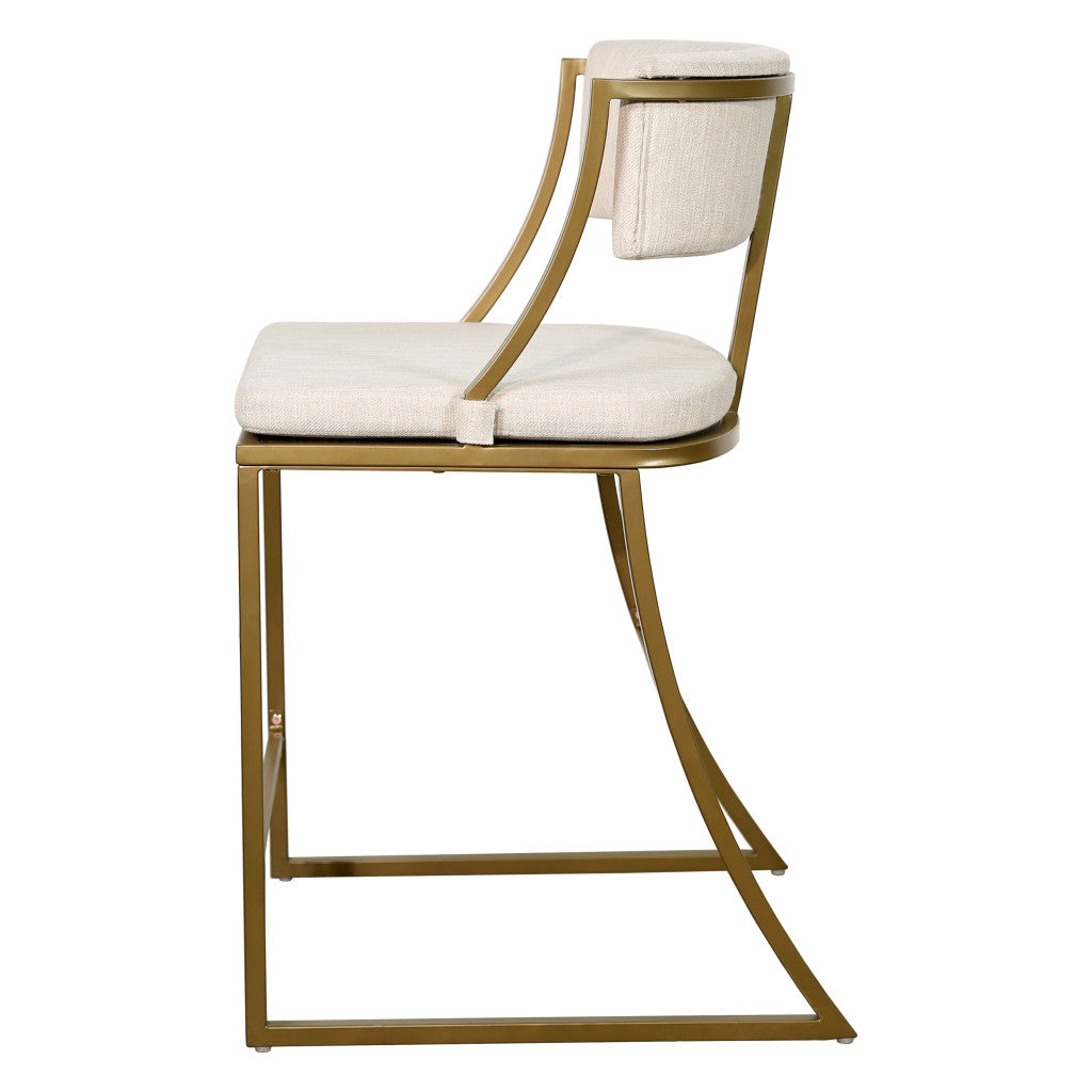 25" Beige And Antiqued Brass Steel Low Back Counter Height Bar Chair-3