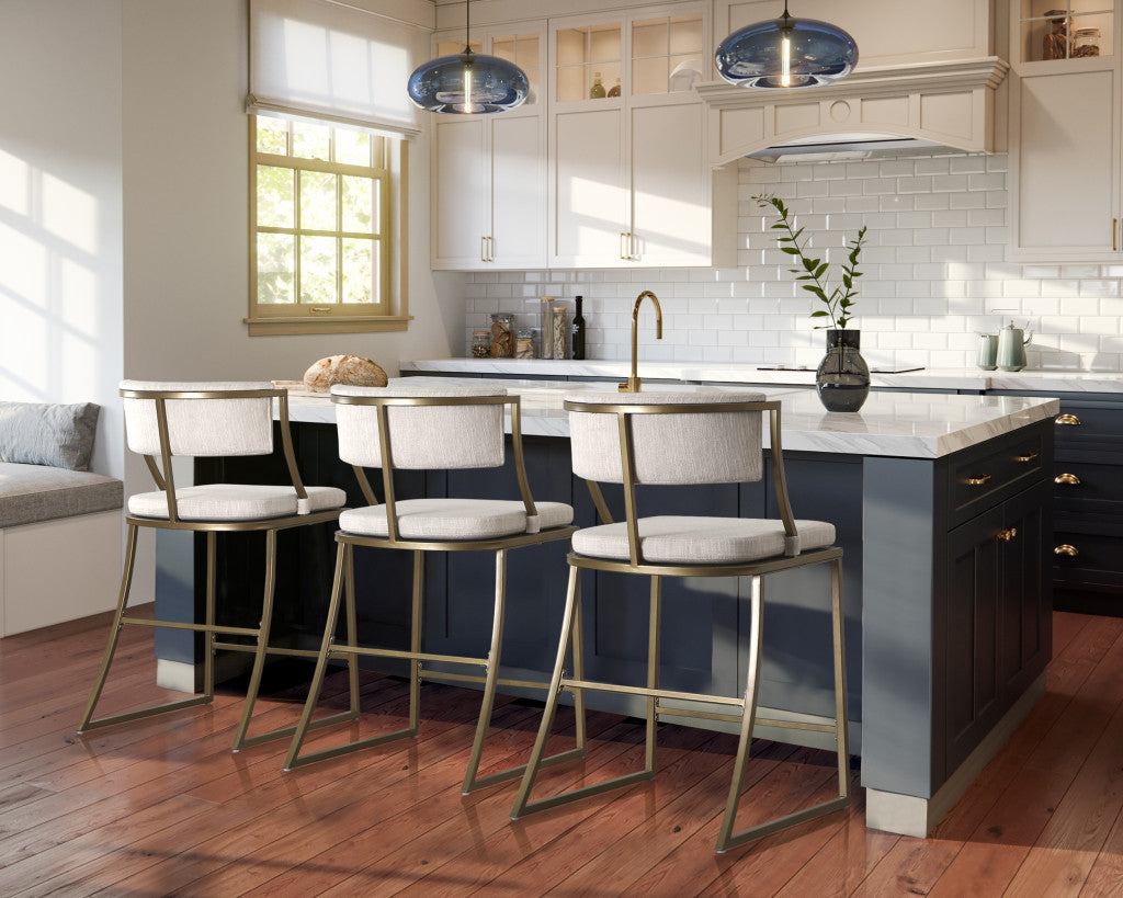 25" Beige And Antiqued Brass Steel Low Back Counter Height Bar Chair-8