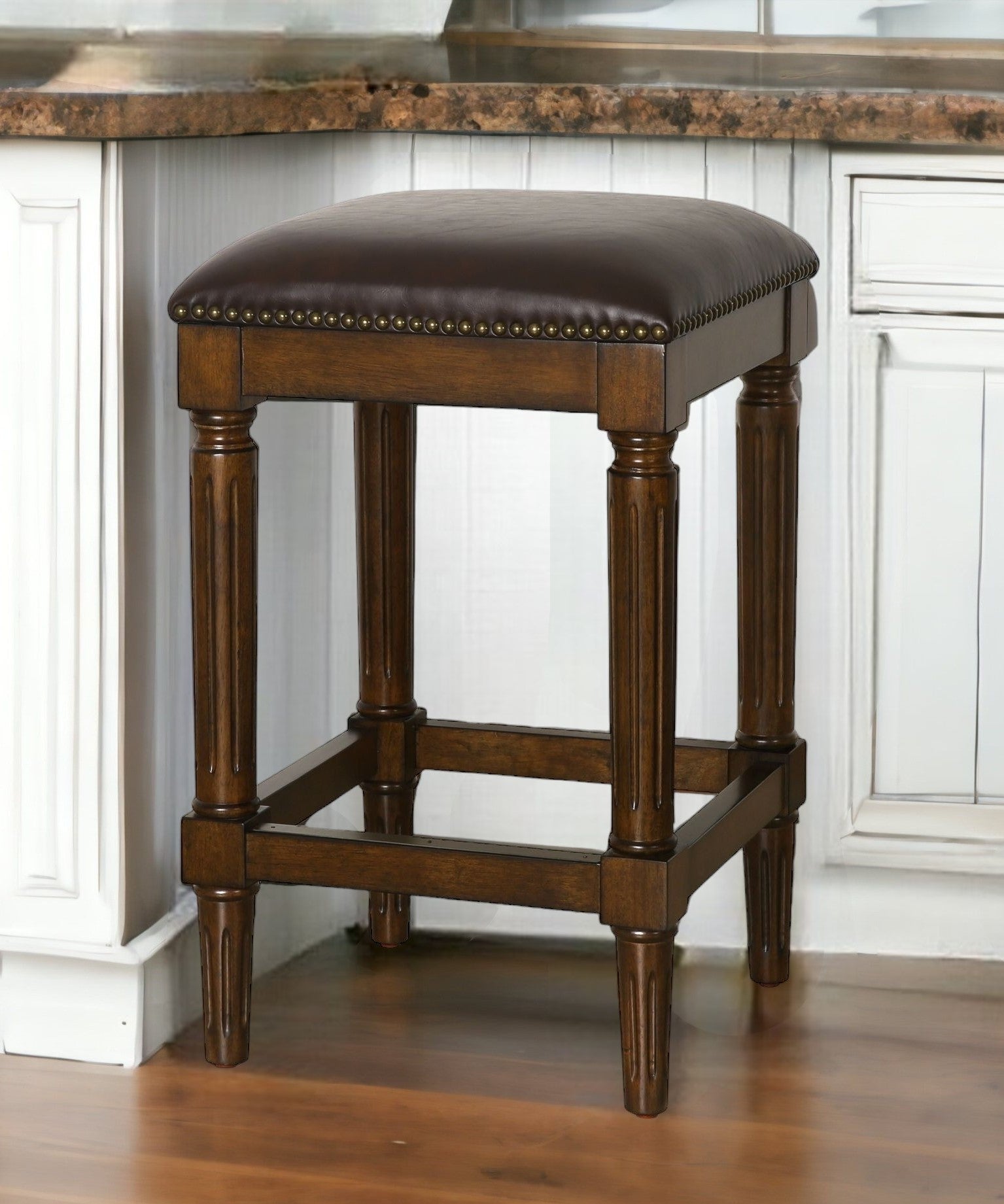 27" Brown And Dark Brown Solid Wood Backless Counter Height Bar Chair-1