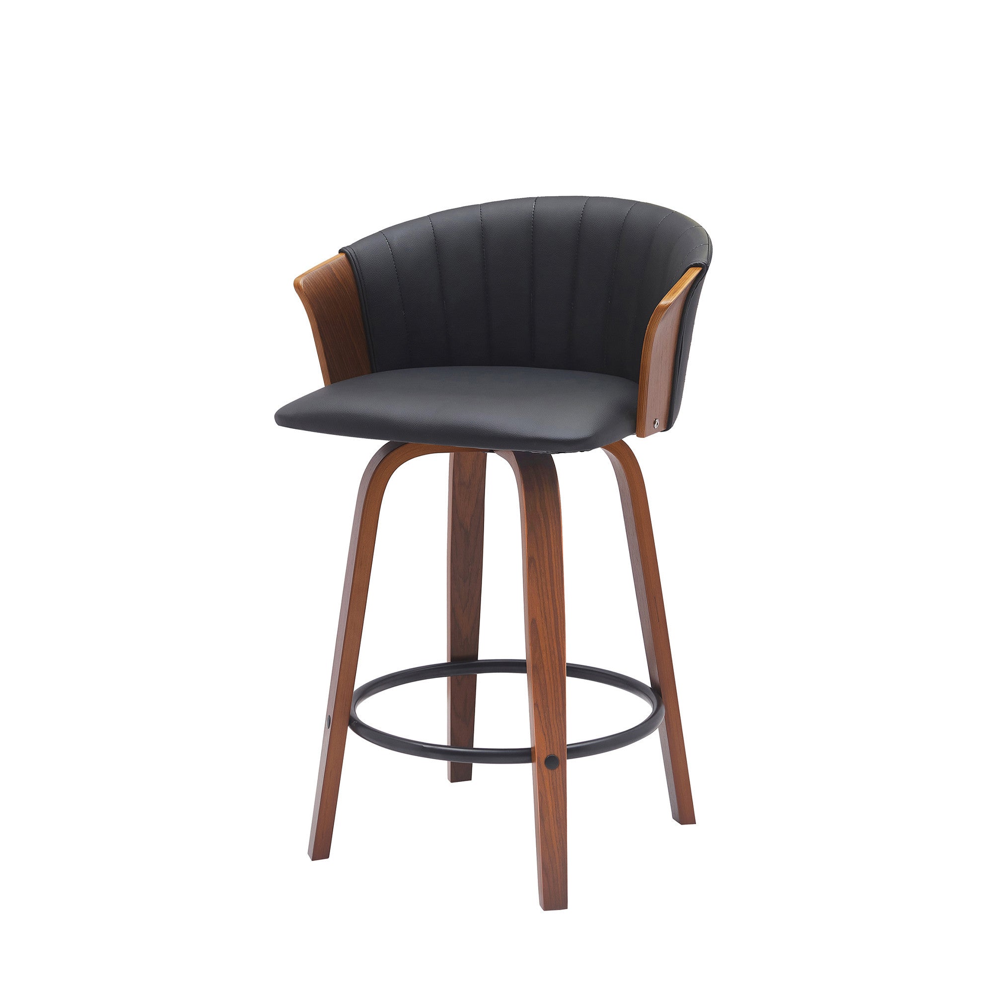 26" Black and Wood Brown Faux Leather with Solid Wood Swivel Counter Height Bar Chair-4