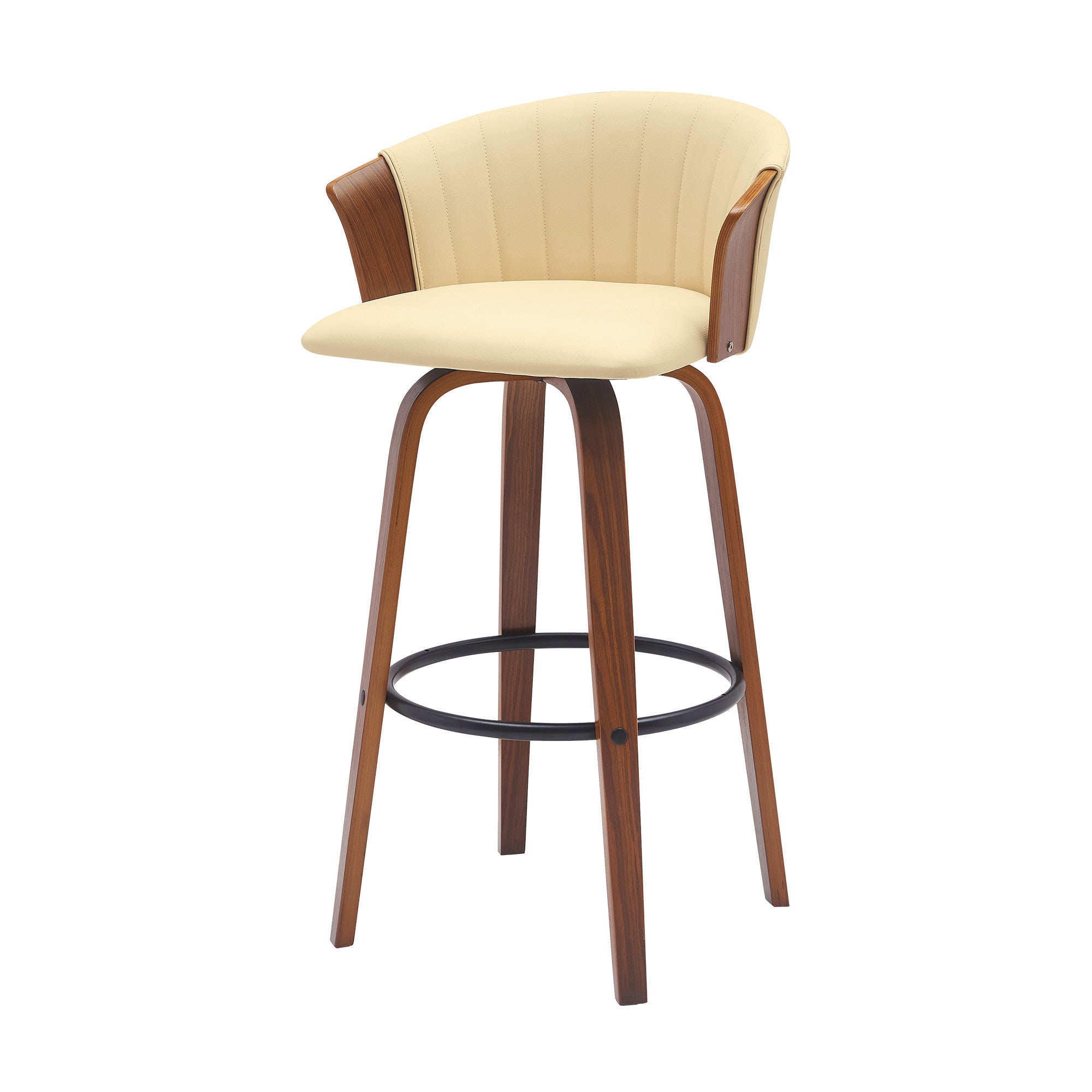 30" Cream And Wood Brown Faux Leather Swivel Bar Height Bar Chair-4