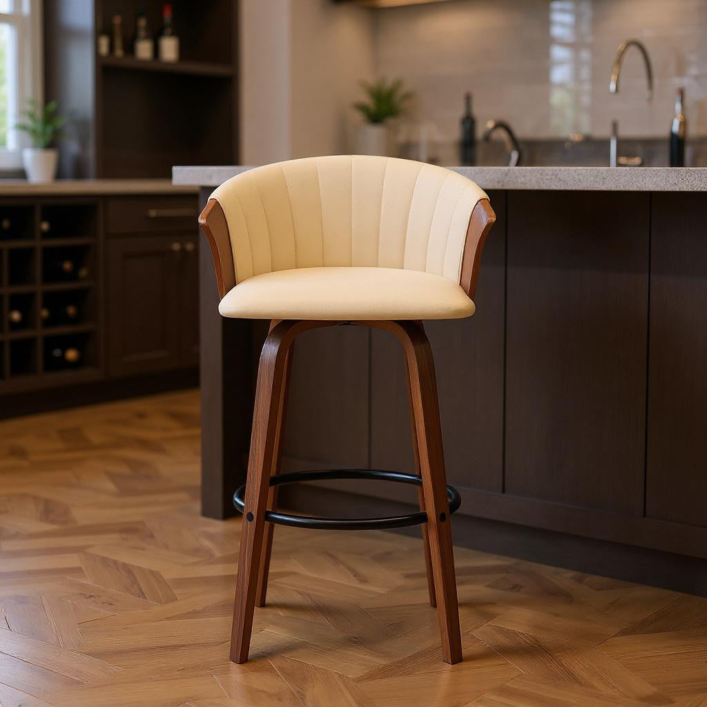 30" Cream And Wood Brown Faux Leather Swivel Bar Height Bar Chair-0