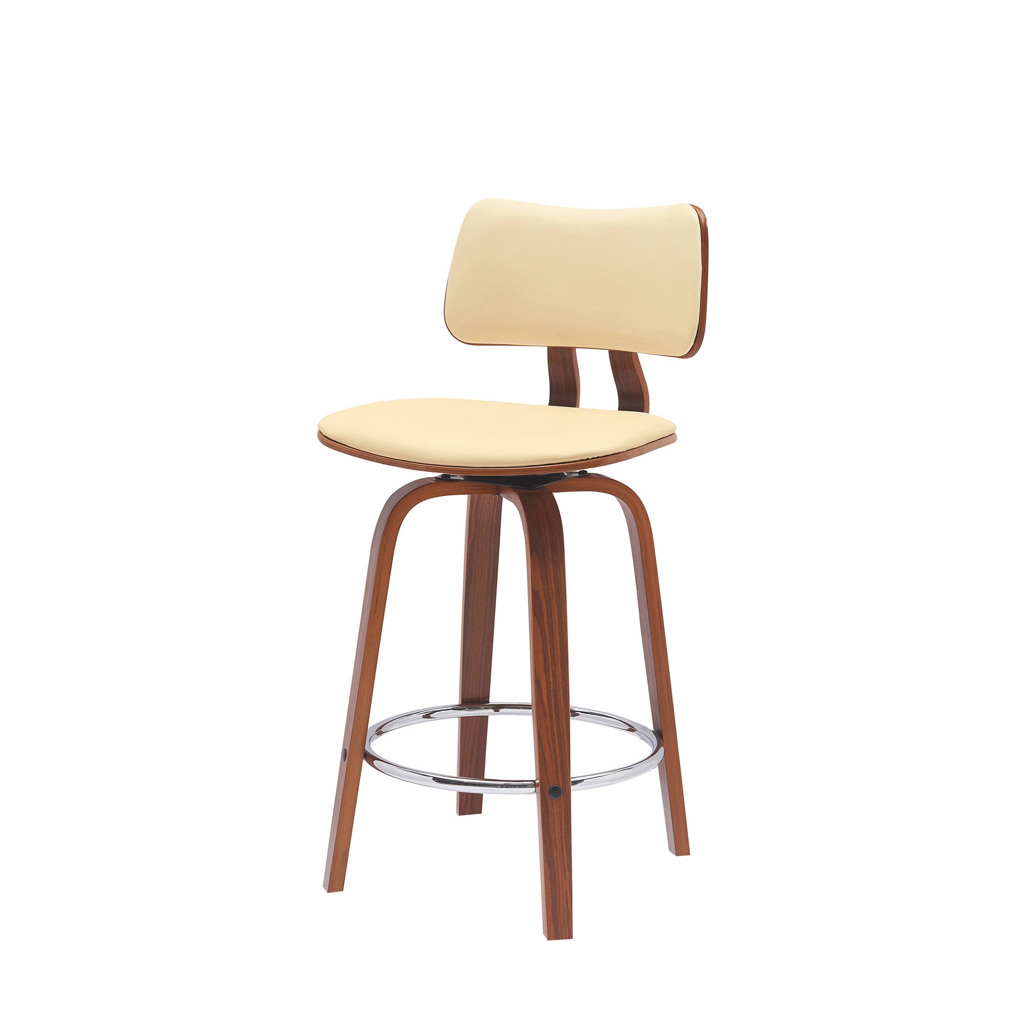 26" Cream And Wood Brown Faux Leather Swivel Low Back Counter Height Bar Chair-4