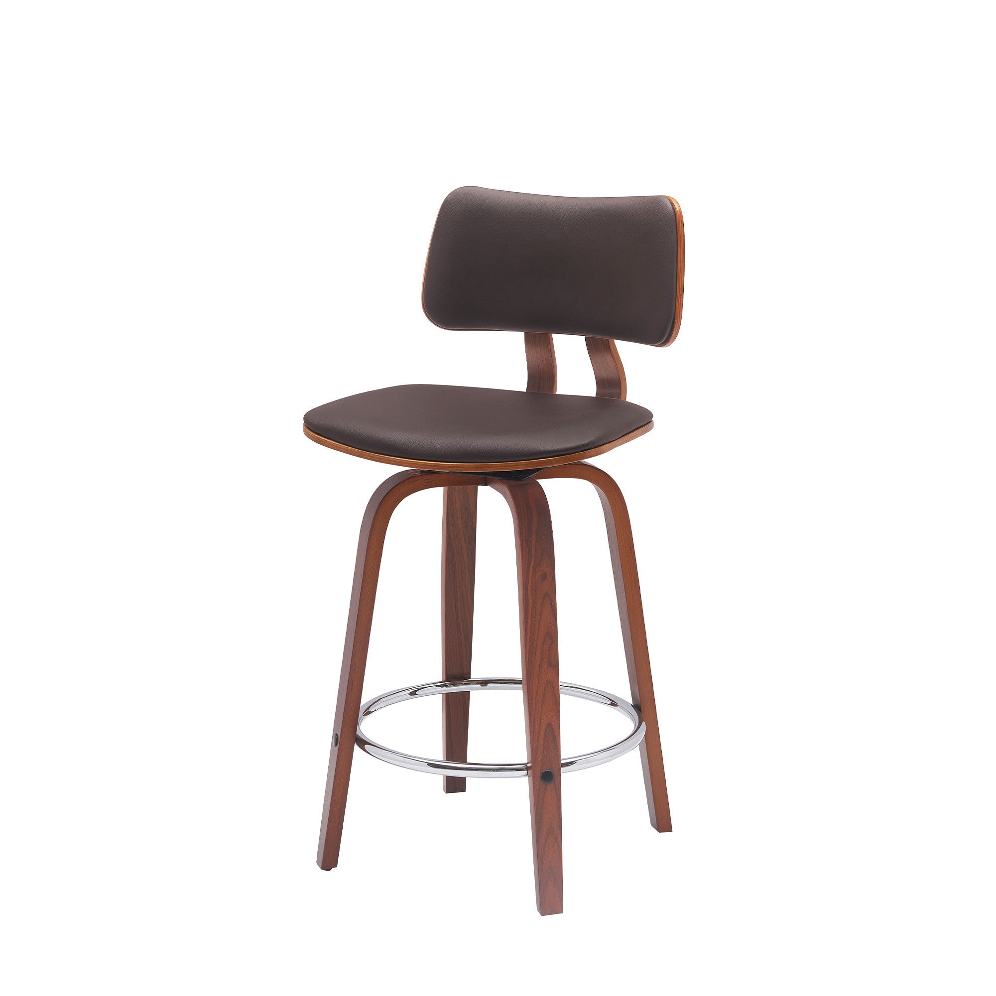 26" Brown And Wood Brown Faux Leather Swivel Low Back Counter Height Bar Chair-4