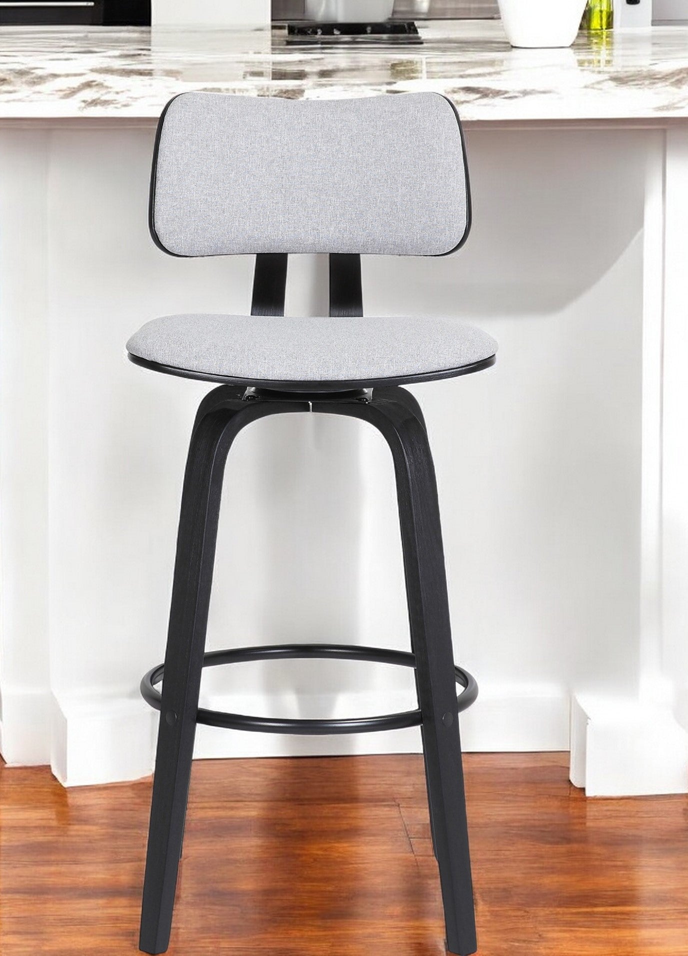 26" Light Gray And Black Fabric Swivel Low Back Counter Height Bar Chair-0