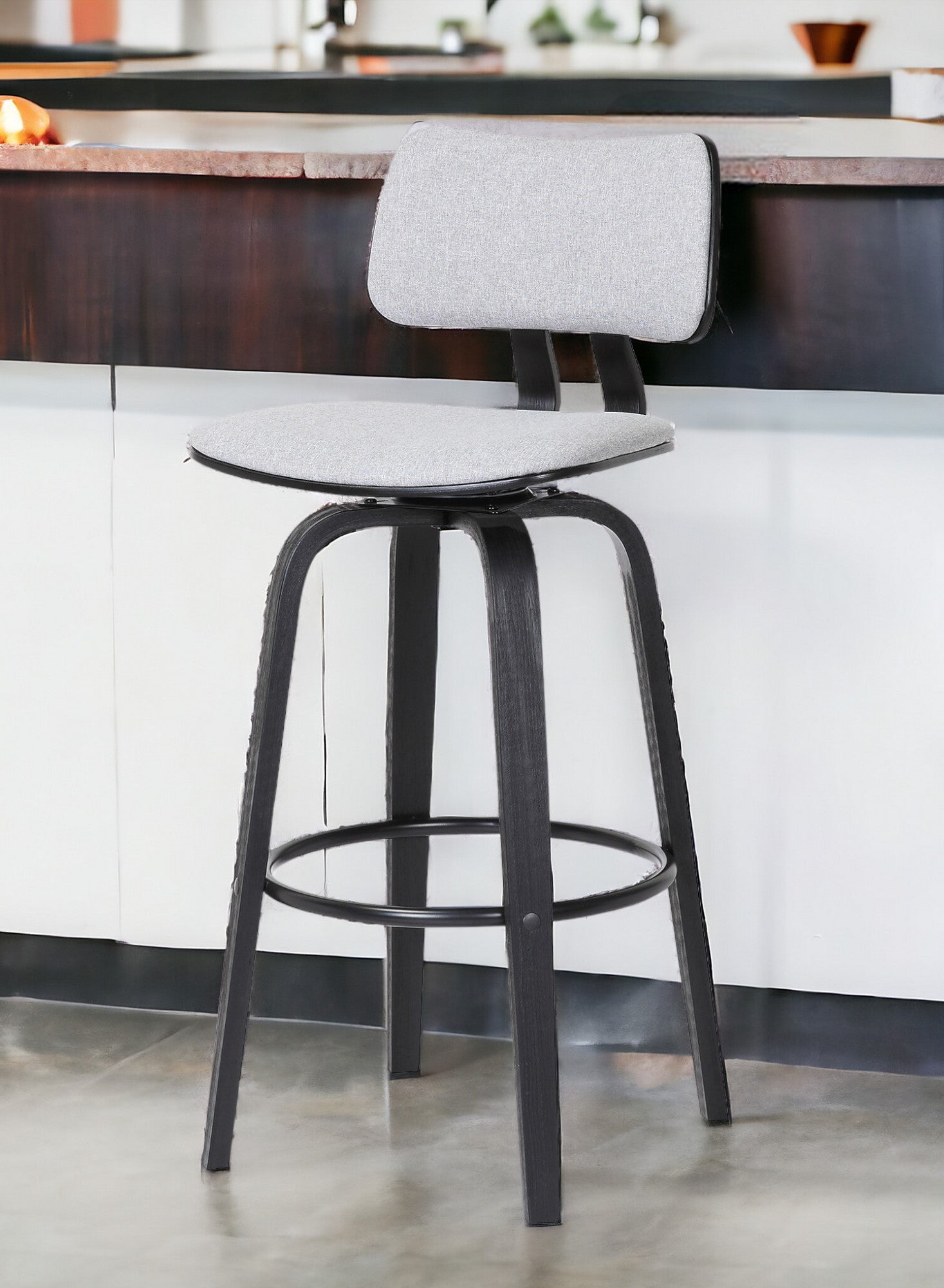 30" Light Gray And Black Fabric Swivel Low Back Bar Height Bar Chair-0