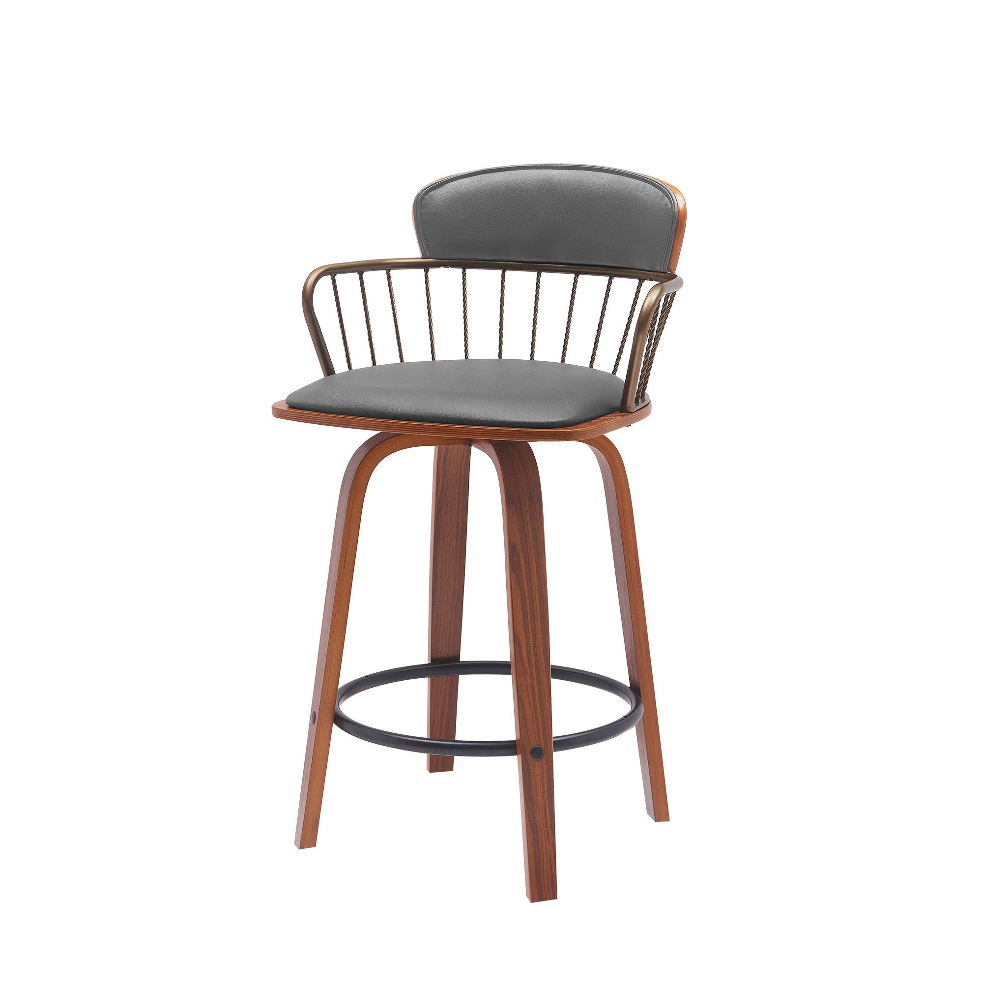 26" Gray And Wood Brown Faux Leather Swivel Low Back Counter Height Bar Chair-4