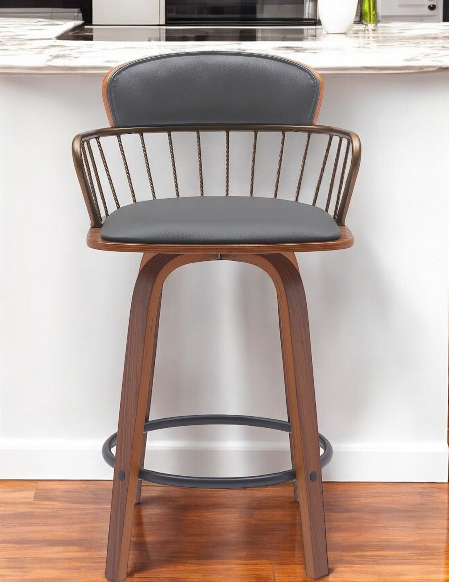 26" Gray And Wood Brown Faux Leather Swivel Low Back Counter Height Bar Chair-0