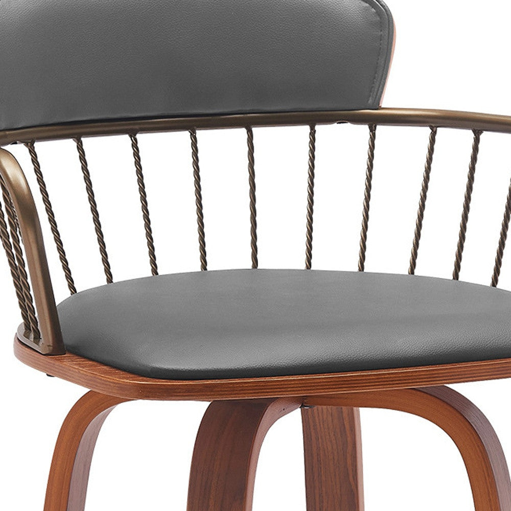 26" Gray And Wood Brown Faux Leather Swivel Low Back Counter Height Bar Chair-7