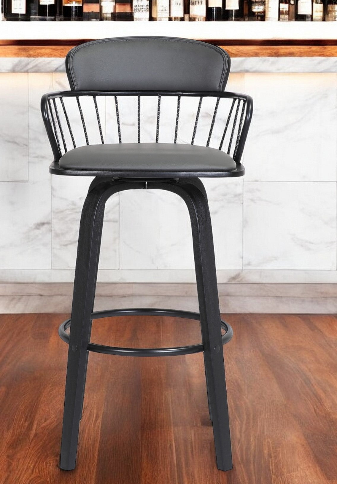 30" Gray And Black Faux Leather Swivel Low Back Bar Height Bar Chair-1