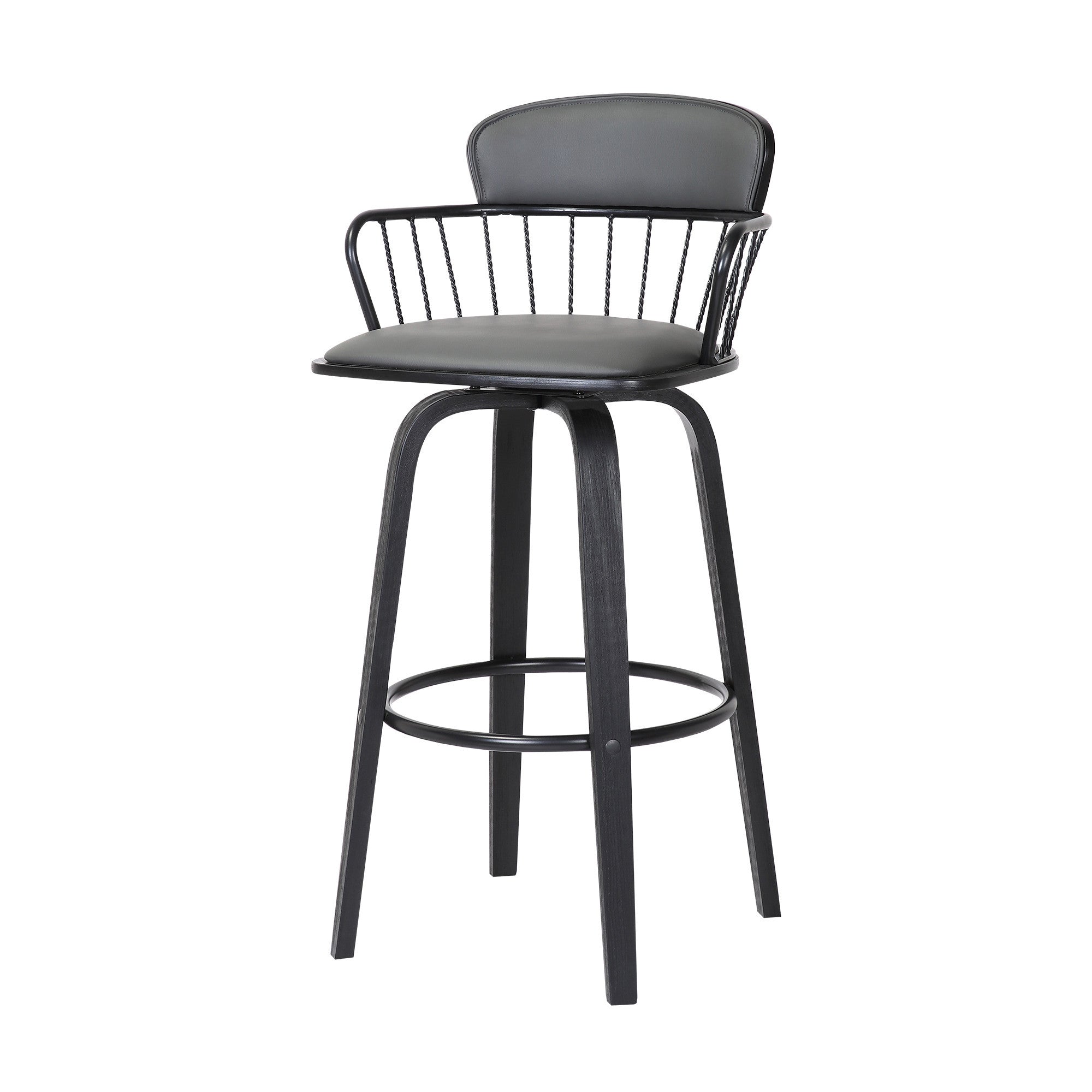 30" Gray And Black Faux Leather Swivel Low Back Bar Height Bar Chair-6