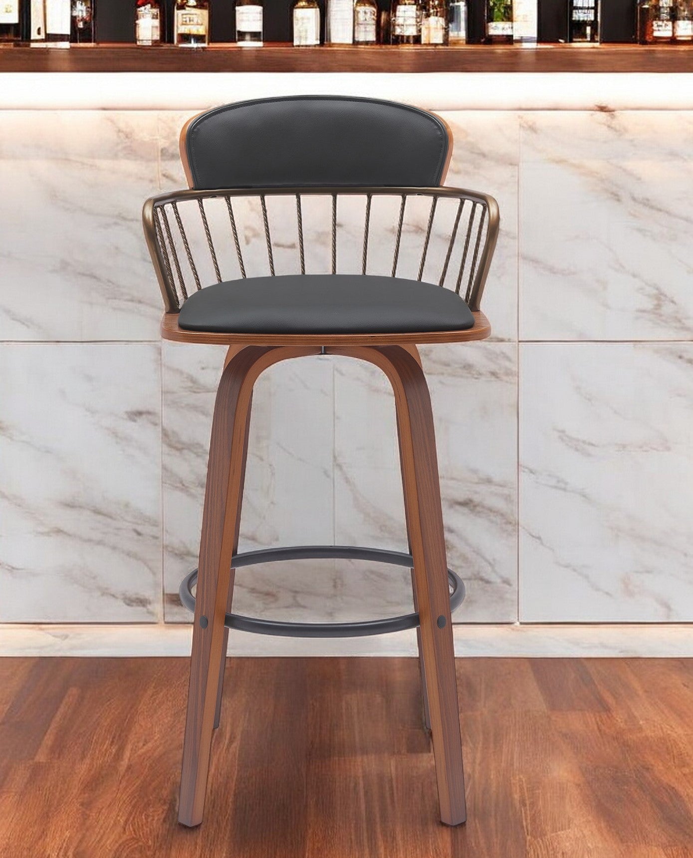 30" Black And Wood Brown Faux Leather Swivel Low Back Bar Height Bar Chair-1