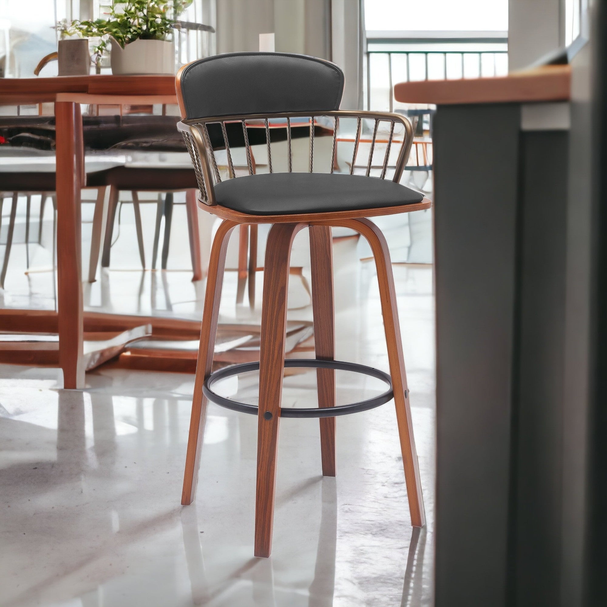 30" Black And Wood Brown Faux Leather Swivel Low Back Bar Height Bar Chair-2