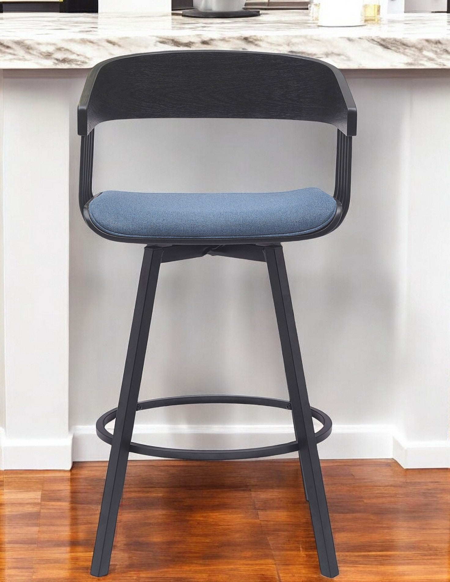 27" Blue and Black Fabric with Metal Swivel Counter Height Bar Chair-0